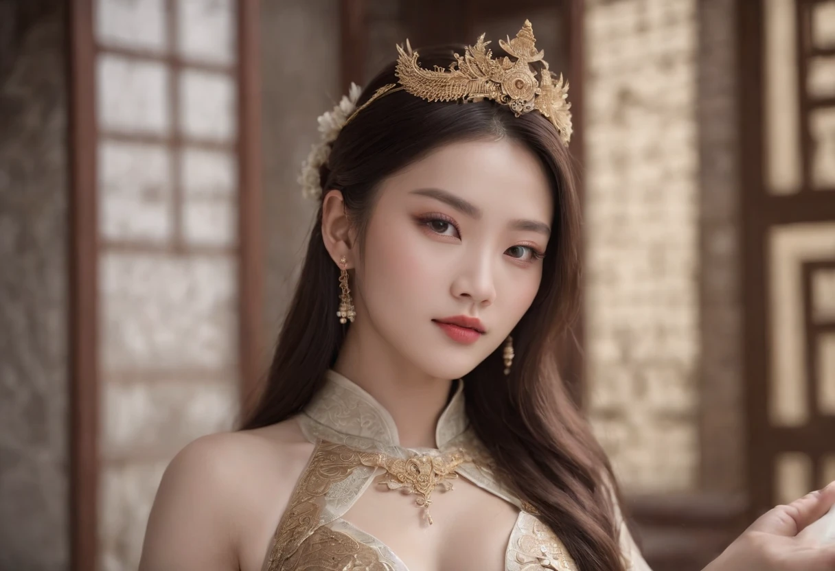 Feng Shen List,tmasterpiece,ultra fine photos,,best qualtiy,超高分辨率,Photoreality,Chiaroscuro,(full-body portraits),stunningly beautiful,dynamicposes,delicated face,Bigchest,Murderous eyes,(seen from the side),She wears gold ancient Chinese armor,very highly detailed background,detailed face with,Detailed and complex busy background,untidy,opulent,milkyW,Highly detailed skin,Realistic details of skin,Visible Pore,tack sharp focus,volume fog,8k uhd,digital SLR camera,high qulity,filmgrain,White skin of the,photo-realism,lomography,The palace of the Yin Shang King in ancient China , look from down, semi transparent, large breasts, showing cleavage, full body shot camera angle, lotus tattoo on forehead, perfect body: 1.4, Slim abdomen: 1.2, sitting on chair with legs up,