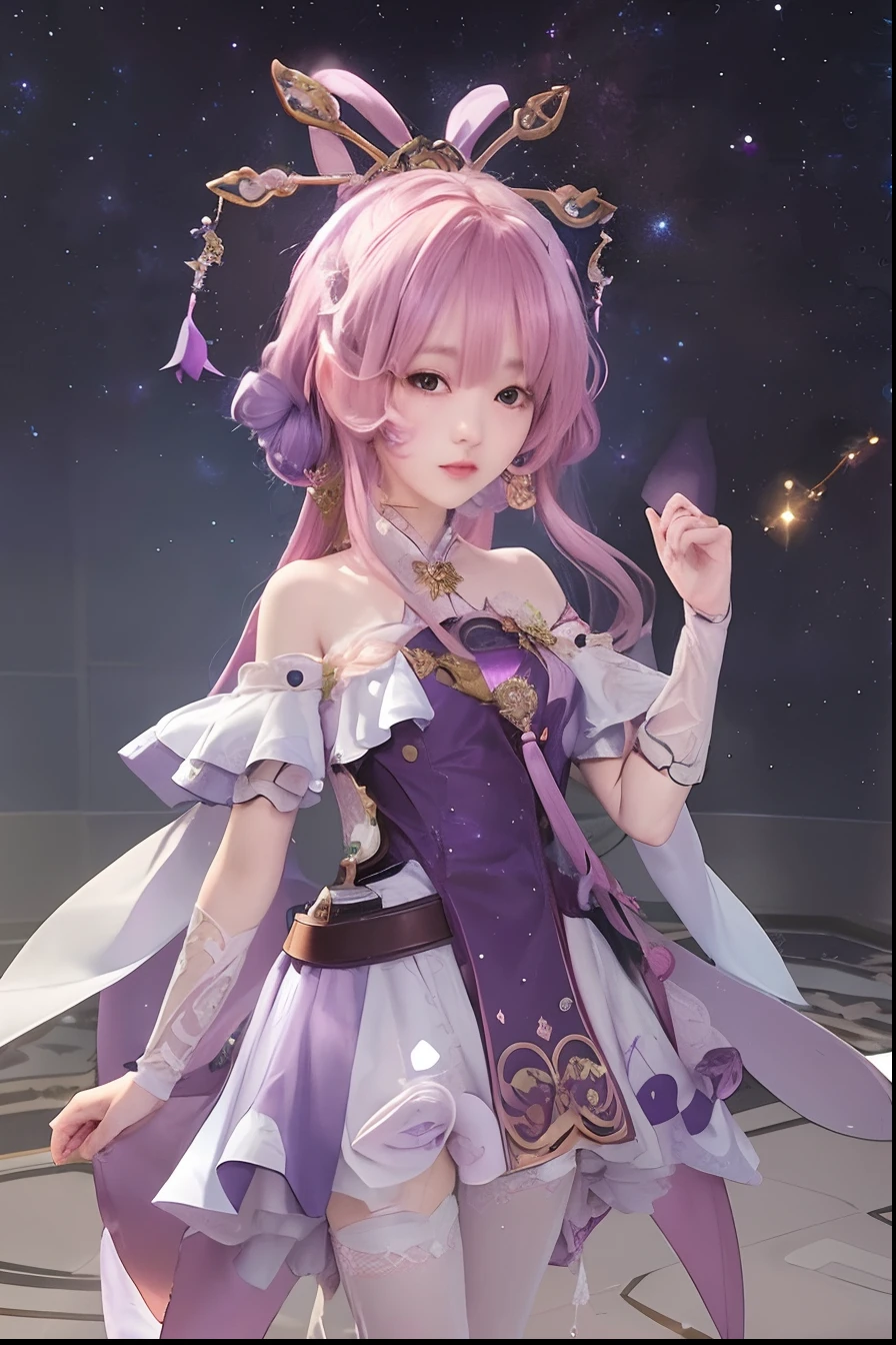 a woman in a purple dress standing on a tiled floor, fu xuan  honkai star rail, beautiful celestial mage, , astral witch clothes, honkai star rail character, cute anime waifu in a nice dress, pink hair, cute