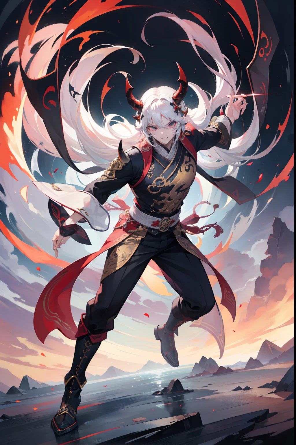 (masterpiece), best quality, expressive eyes, perfect face, sharp horns, ((humanoid)), human, (human form) , mystical creature , spirit, majestic nature, magic, aura, wuxia, transcending lights, full body (Highly detailed eyes), god, man, handsome, 22 years old, beautiful hands, ridges on horns, crazy smile, crazy eyes, menacing, insane, chaos incorporate, muscular face