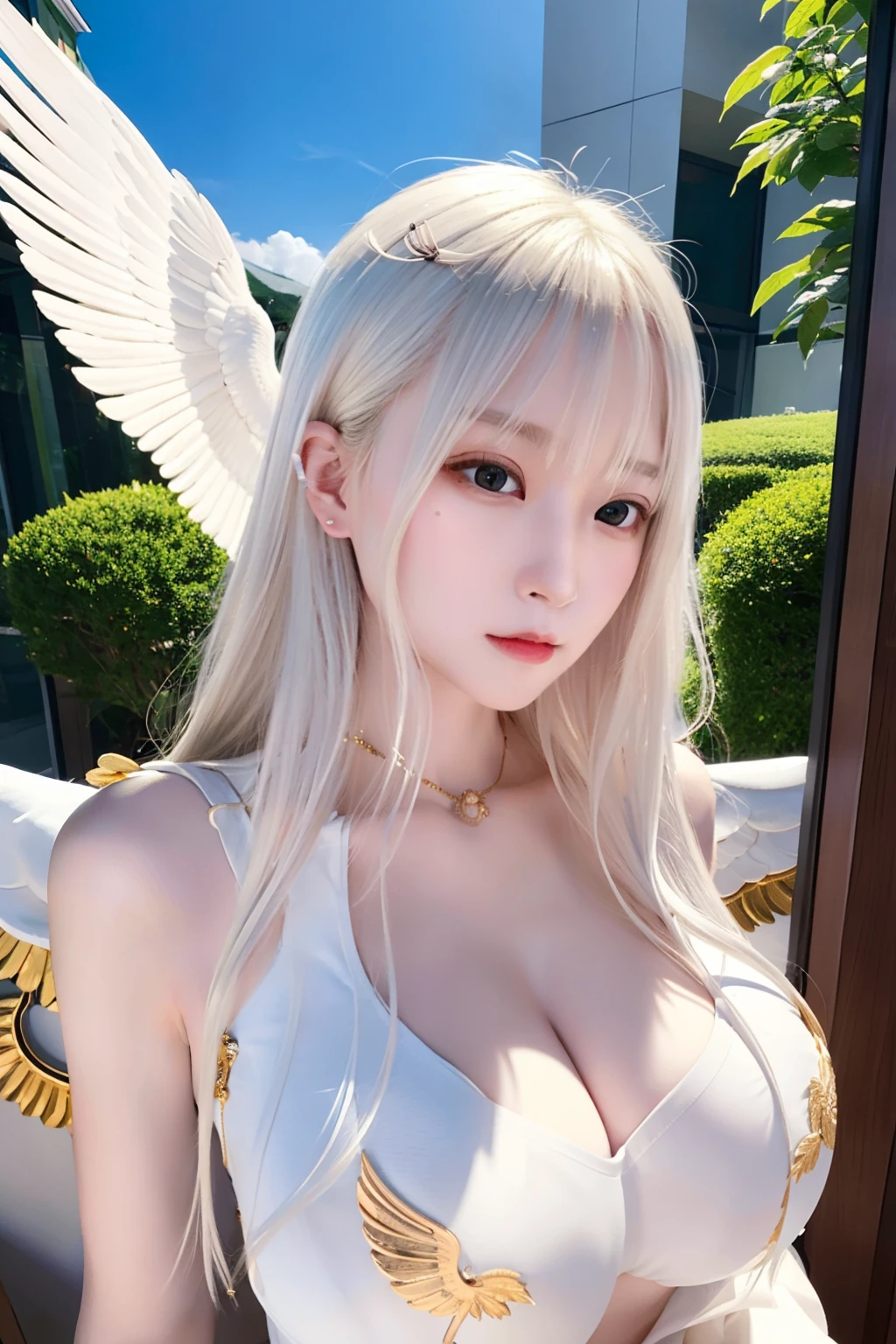 ​masterpiece、top-quality、ultra-detailliert、illustratio、Write、frontage、Face Focus、女の子 1 人、white  hair、Golden eyes、length hair、aureola、Angel wings、serene expressions、Gaze towards the viewer、huge tit、Detailed nipples