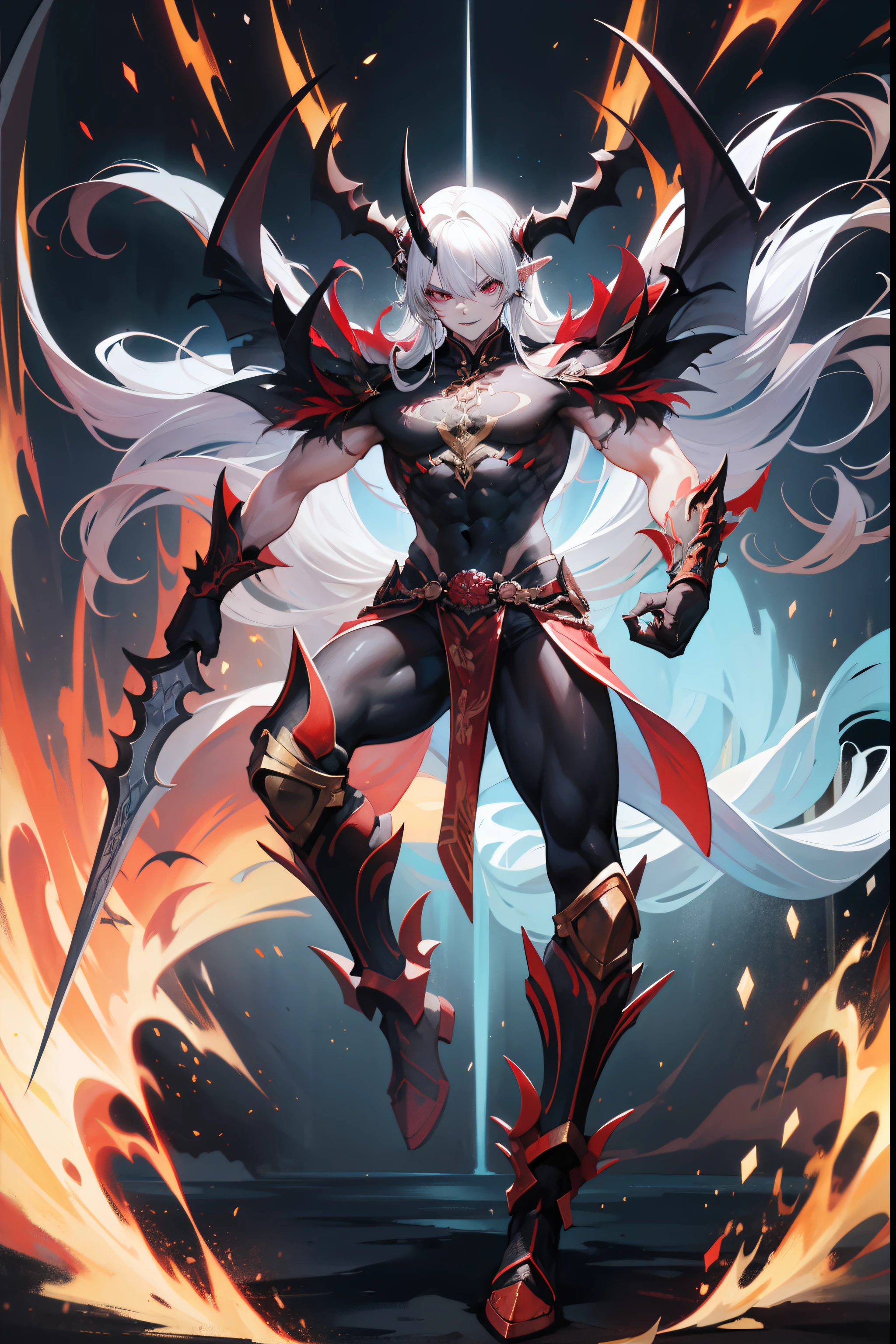 (masterpiece), best quality, expressive eyes, perfect face, sharp horns, ((humanoid)), human, (human form) , mystical creature , spirit, majestic nature, magic, aura, wuxia, transcending lights, full body (Highly detailed eyes), god, man, handsome, 22 years old, beautiful hands, ridges on horns, crazy smile, crazy eyes, menacing, insane, chaos incorporate, muscular face