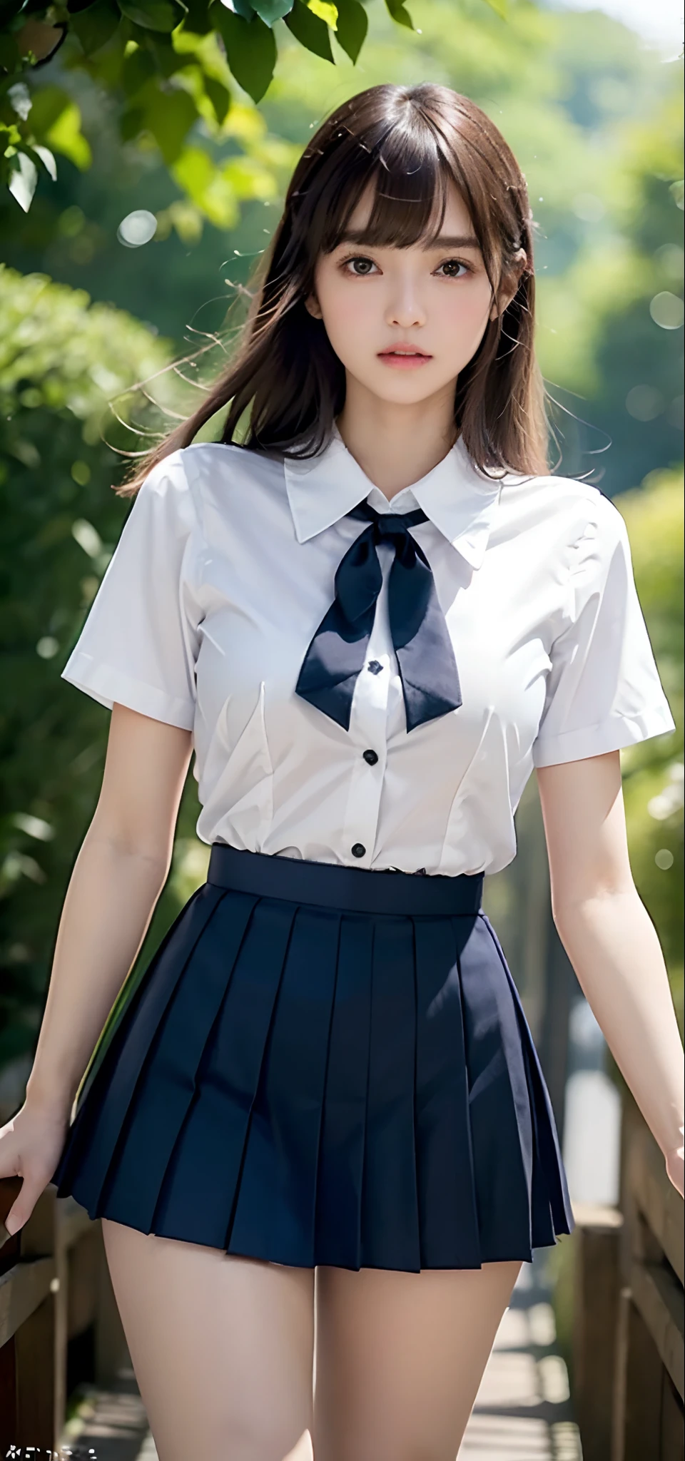 1womanl, up of face, Colossal tits,light brown hair, Blunt bangs, hair behind ear, hair over shoulder, Long hair, slender body shape, Ultra Fine Face, Thin face, Delicate lips, Beautiful eyes, thin blush, eyes are light brown, perfect glossy skin, flawless skin, Glistening sweat,View here, Ultra-thin hands, Ultra-fine fingers:realisitic:1.3), Broad-leaved forest, One-person viewpoint, Fuji Film, 8K, masutepiece, nffsw, Super Detail, High quality, Best Quality, hight resolution, ((Don't show your fingertips))、the golden hour Beautiful light, (((Schoolgirl Uniform)))、(((White Short Sleeve Low Cut Front Button Shirt、Dark blue ribbon)))、((Ultra Micro Mini Dark Blue Pleated Skirt)) ((Colossal tits)) (((Positive image:1.3)))