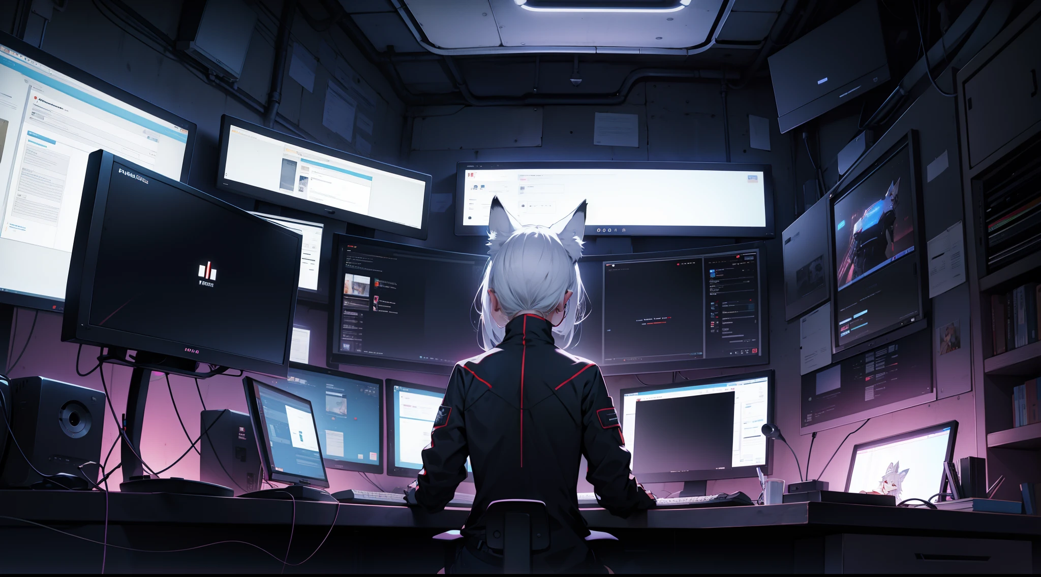 hacker,backs,1girl,coyote,white  hair,illustratio,Multiple monitors