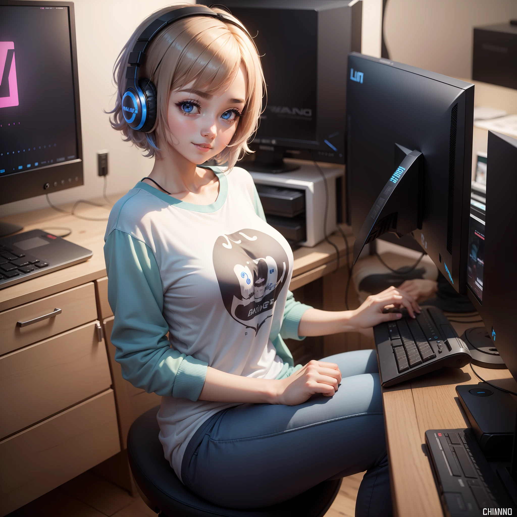 Makeing Gaming logo, a cute girl, with short hair, hair colour is blue , she wareing a cute dress , and also wareing a headphone, behind her agaming pc , she setting dwon on gaming chari, she wareing t-shirt and pant, her name is Aliza Gaming, show her name in her T-Shirt , she looking at me , and Little bit smile , look like real girl skin colour lite White , Not big boobs , not big ass