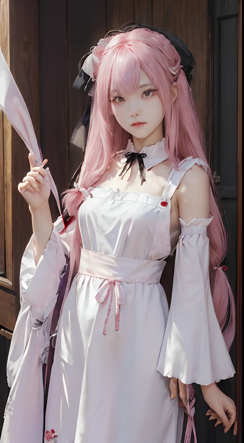 masterpiece, top-quality,A detailed face、A detailed face、black and white maid uniform、(Hide the right eye with bangs)、Angry face、A pink-haired、 cute little、Idol、Hi-Res, ram1, 1girl in, 独奏, Ram\(Re:Staynight\), A pink-haired, white thighhig, (((((length hair))))), red eyes, Hair above one eye, Ribbon trim, Hair Ribbon, X Hair Ornament, frilld, Maid headdress, Waist apron, garter strap, a black ribbon, small tits, long-sleeve, White Apron, Ribbon around the neck, Purple Ribbon, Wide sleeves, flower in hair,