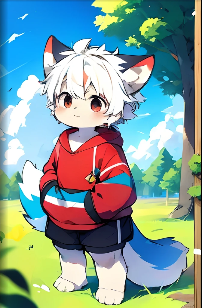 (Bright environment:0.8),Masterpiece,High quality,abstract res,Digital painting\(artwork of a\), by Dagasi, Yupa,Kiyosan,(anthro,Fluffy fur,Character focus:1.1),Human male Dag,Short hair,Portrait , eyes with brightness, in a panoramic view, Character focus.(detailedbackground:0.7), 独奏, shaggy, shaggy male,16 yaers old,malefocus, standing on your feet,Light blue sweatshirt,Put your hands in your sweatshirt pocket,grey shorts,Handsome,Micro-expressions,Facing the lens,Parallel screens,anthr,(Full Body Furry, Fluffy tail, Pure white fur, Red stripe pattern on the hind legs,Black eyes, Pure white hair,The gray ears are pointed:1.2), (White canines:1.2),(outside、clear skies、Morning、grassy fields:1.1)