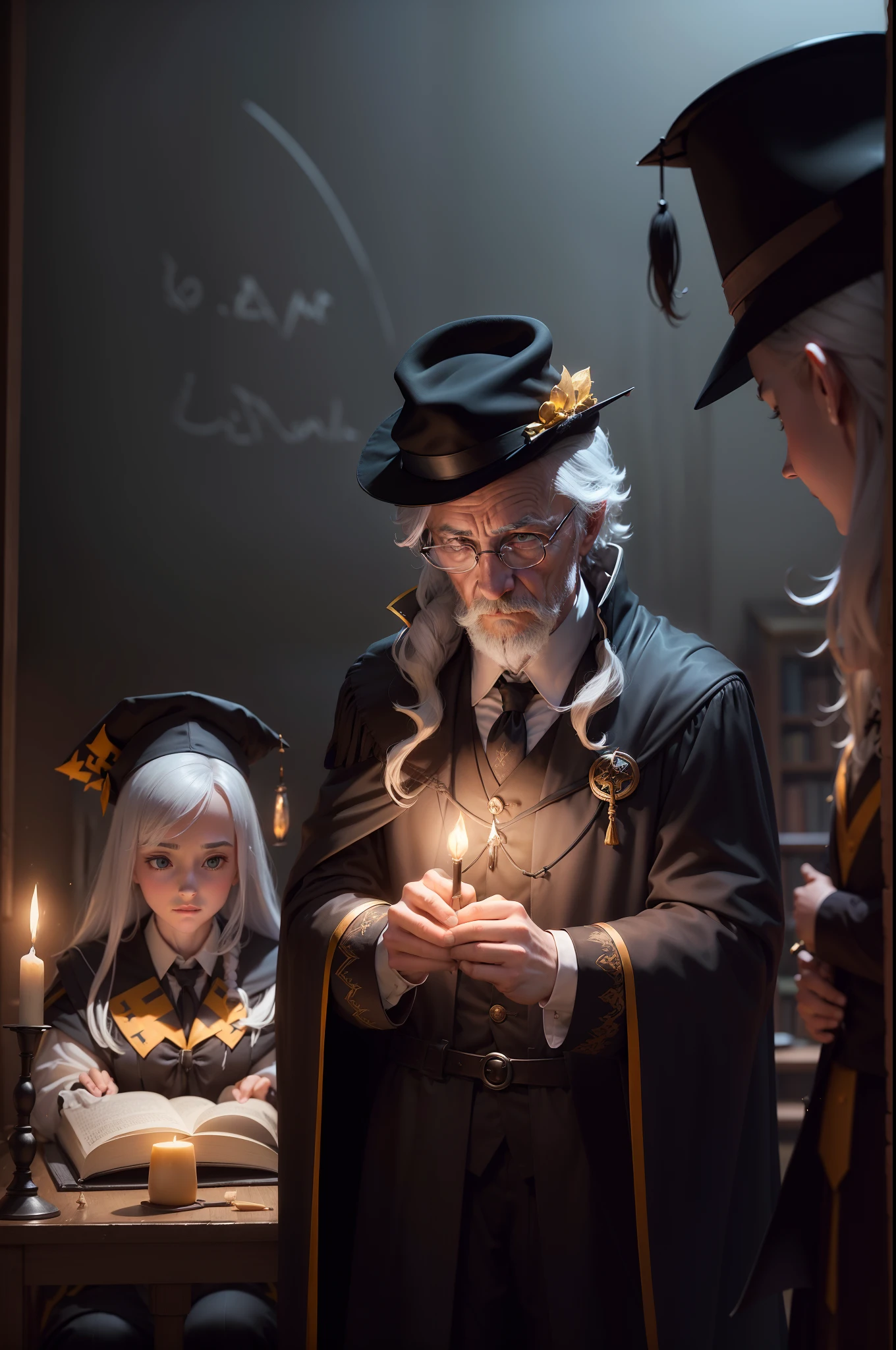 (Professors and students:1.4) in a school of magic, un vieux professeur (cheveux blanc, Long manteau noir et jaune) teaches young sorcerer students (en cape noir et chapeau pointu), la magie. des follet bleue, Wand in hand spells come out of students' wands. Ultra Detail, 16K, photo realist.