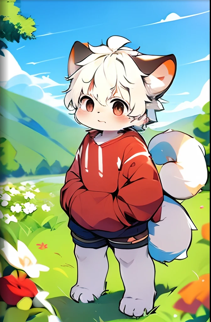 (Bright environment:0.8),Masterpiece,High quality,abstract res,Digital painting\(artwork of a\), by Dagasi, Yupa,Kiyosan,(anthro,Fluffy fur,Character focus:1.1),Human male Dag,Short hair,Portrait , eyes with brightness, in a panoramic view, Character focus.(detailedbackground:0.7), 独奏, shaggy, shaggy male,16 yaers old，malefocus, standing on your feet，Light blue sweatshirt，Put your hands in your sweatshirt pocket，grey shorts，Handsome，Micro-expressions，Facing the lens，Parallel screens，anthr,(Full Body Furry, Fluffy tail, Pure white fur, Red stripe pattern on the hind legs，Black eyes, Pure white hair，The gray ears are pointed:1.2), (White canines：1.2），（outside、clear skies、Morning、grassy fields：1.1）