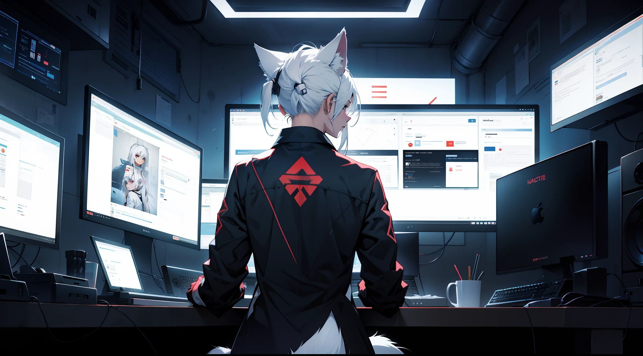 hacker,backs,1girl,coyote,white hair,illustratio,Multiple monitors