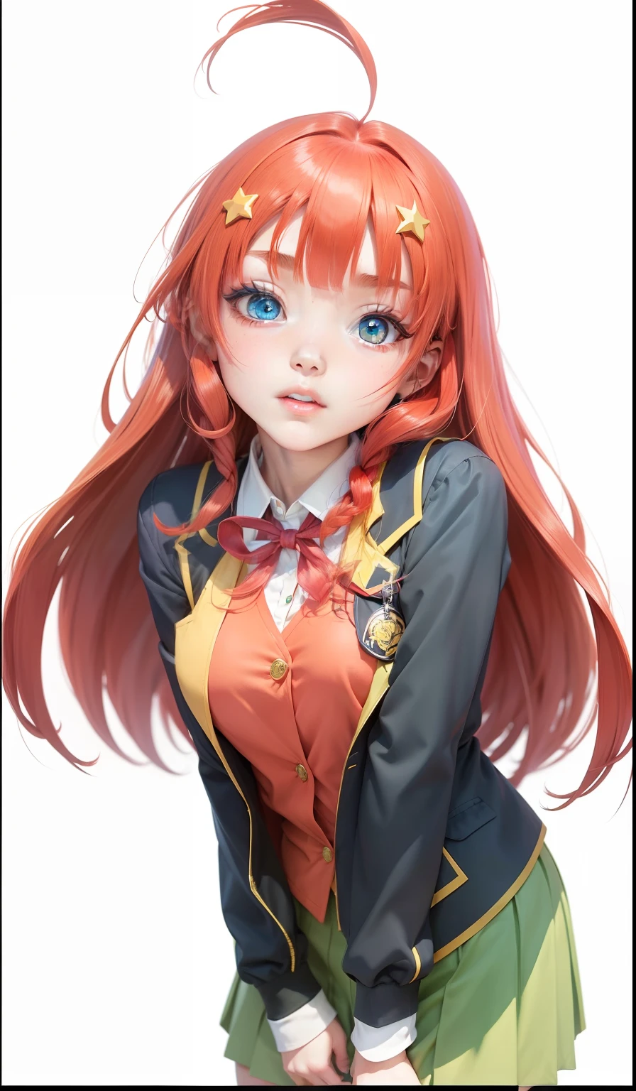 1 beautiful girl ,nakano itsuki and blue eye with long red hair with a yellow star clip in her hair, she is wearing a school uniform with a red vest and a green skirt with a black almet