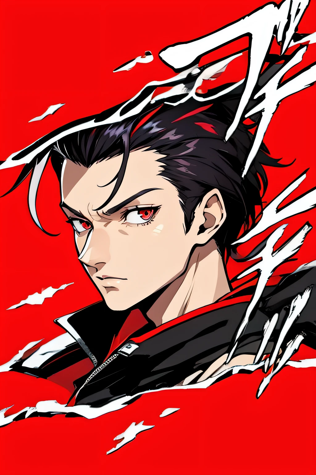 masterpiece, best quality, simple background, finely detailed, 1boy, black hair, red eyes, grey jacket, red t-shirt, portrait, Persona 5 Art Style, {red streaked hair, messy hair, zarya haircut}