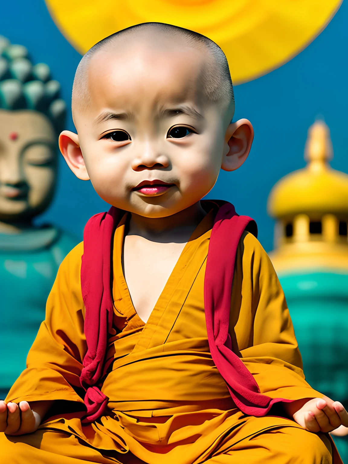 A 4--old toon bald little monk,Wear yellow monk robes,The eyes are big,It's lovely,had his hands folded,Meditate,The background is the Buddha