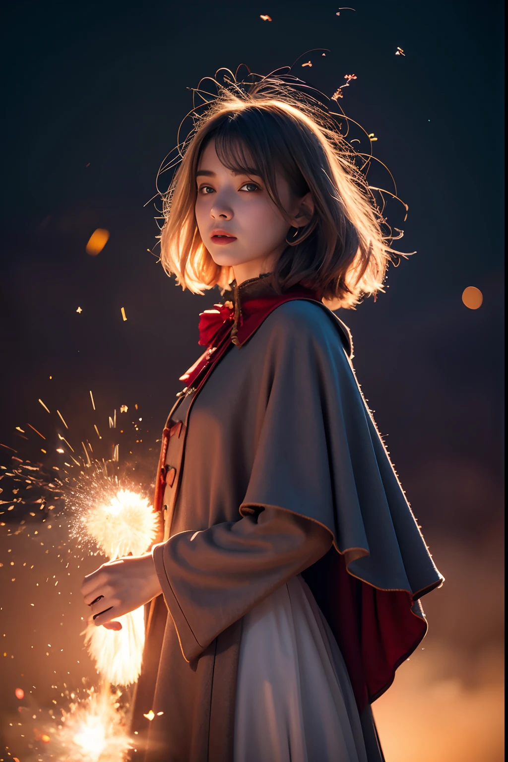 RAW photo, full sharp, (Full HD epic wallpaper) 8K UHD, Digital SLR, Soft lighting, High quality, filmgrain, Fujifilm XT3, hiqcgbody, (1人, Kizi:1.2),the night,Focus above the thighs, Broken glass effect, Vivid yellow flame, Ethereal sparks, vulnerable, Red eyes, (Long gray hair),Wind,Fluttering head, buzz cut, Style - Gravity magic, Looking down, Solo, , Detailed background, Detailed face, Pale complexion,((Gorgeous Lolita costume)), Black cloak, Cape, Hood, malicious expression, The scarlet symbol rotates in the air,(Floating fire particles, particle fx), Skylight color scheme, ( Huge red explosion flames), the are In the background, Surrounded by a crimson mist, Sunset, symetrical composition, Epic atmosphere,(Smoky),