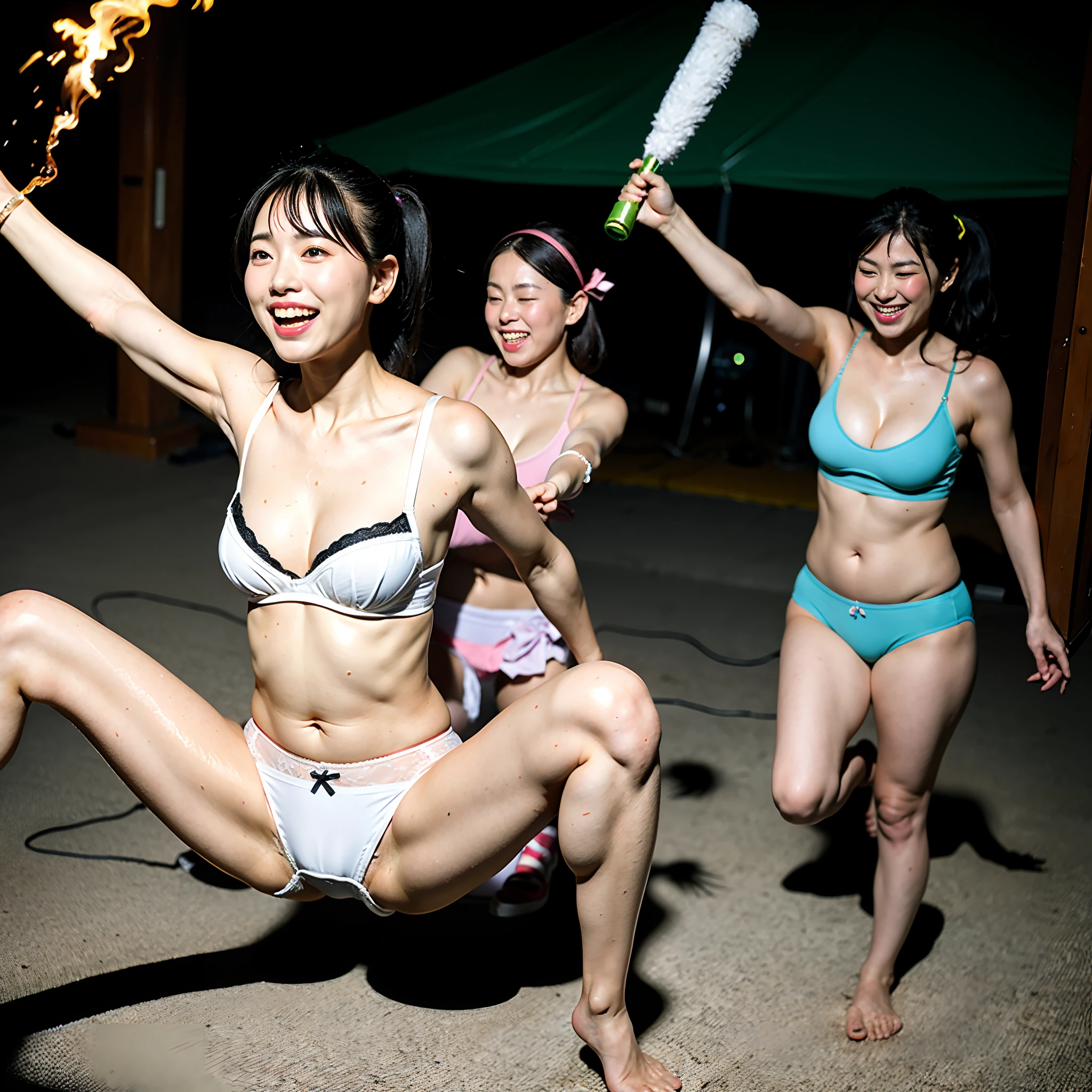 (8K, RAW Photos, ultra-quality, ultra-detailed CG with unity 8K Wallpaper, masutepiece:1.2), SIGMA Lens 35mm F10 , Shutter Speed 1/125, ISO 1600, fish-eye lens、Solo, japanes,Photo of a cute Japanese woman, 20yr old, Gani crotch、No makeup、Put a pink ribbon on your hair、(爆乳:1.5)、Fat and flabby body:1.5、Fat and flabby upper arms:1.5,(Show cleavage:1.5)、Strapless、bra very、(Show panties:1.5), (Show me the perineum:1.5)、Display fat and flabby belly:1.5、Show thick thighs:1.3、(looking at me:1.5), (Luster of sweat-soaked skin:1.0)、(hair wet with sweat:1.0)、Old open-air campsite:1.5、mid night:1.5、Big campfire:1.5、Messy garbage:1.2、 Performing a bizarre dance with torches in both hands:1.5, ((Open legs))、Sexy sweet laugh、Show crotch:1.5、Spread your arms、bend arms、 Trees that get messed up:1.2
