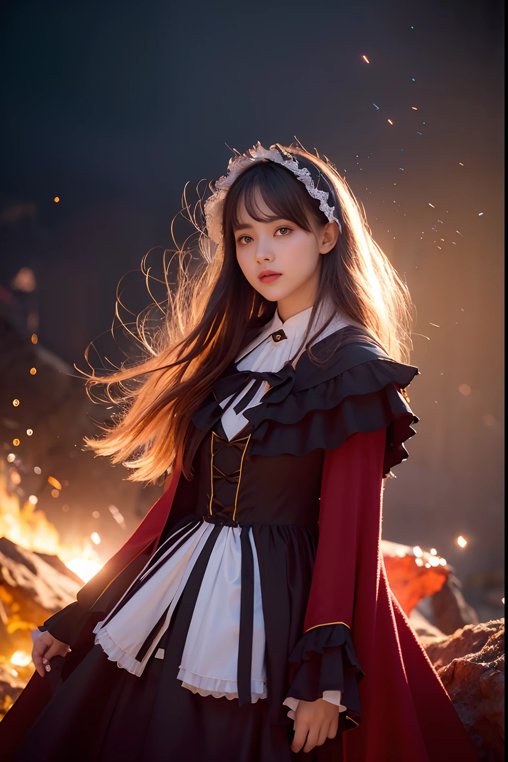 RAW photo, full sharp, (Full HD epic wallpaper) 8K UHD, Digital SLR, Soft lighting, High quality, filmgrain, Fujifilm XT3, hiqcgbody, (1人, Kizi:1.2),the night,Focus above the thighs, Broken glass effect, Vivid yellow flame, Ethereal sparks, vulnerable, Red eyes, (Long gray hair),Wind,Fluttering head, buzz cut, Style - Gravity magic, Looking down, Solo, , Detailed background, Detailed face, Pale complexion,((Gorgeous Lolita costume)), Black cloak, Cape, Hood, malicious expression, The scarlet symbol rotates in the air,(Floating fire particles, particle fx), Skylight color scheme, ( Huge red explosion flames), the are In the background, Surrounded by a crimson mist, Sunset, symetrical composition, Epic atmosphere,(Smoky),
