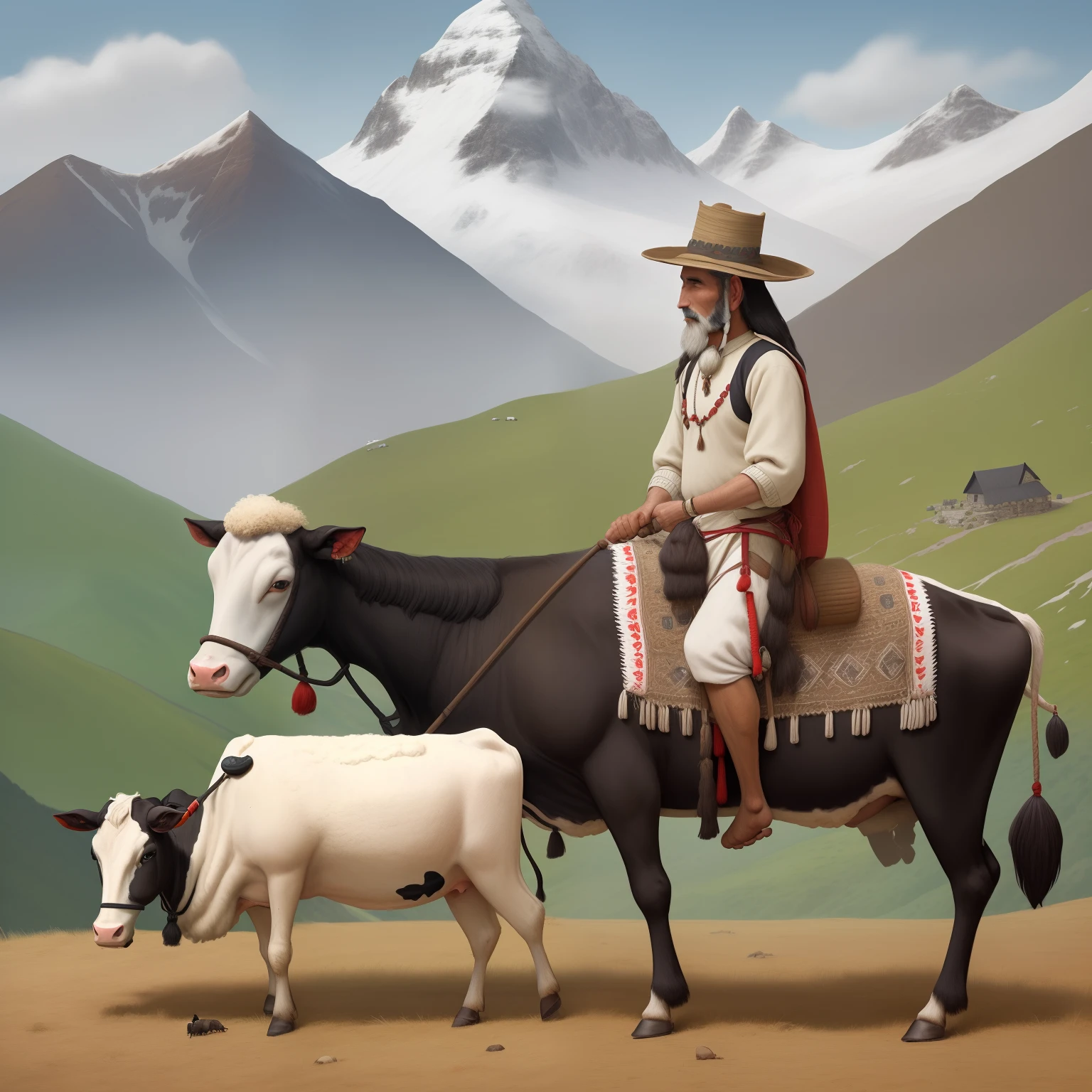 A pshtoon culture, a man grazing cow and sheep stick in hand, a mountain, a cultural house,