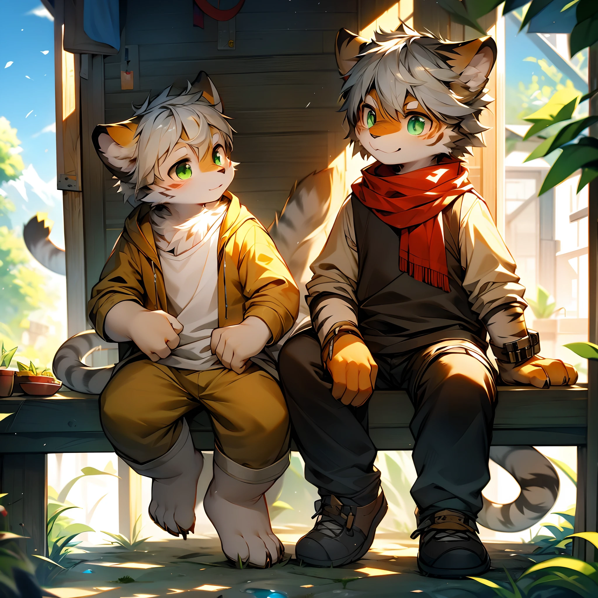（catss，Gray hair and green pupils，Yellow and white coat color，adolable，vivaciousness，Libido boy，underage,Wear a sweatshirt with a pink pattern，lively and lovely，shorter pants, Wind element，shaggy），Digital artwork with cinematic lighting.A boy，Monosomy anthropology,Furry,feral,(Digital media \(artwork of a\):1.2),(hi，It's nothing,absurd res:1.2),Perfect anatomy,Anatomically correct,Detailed,Detailed face,Detailed eyes,(Realistic fur,Detailed fur:1.25),Detailed background,amazing background. Break (author：Puinki \(artist\):1.2),(author：Unreal Land,author：Sumi Kuroi,author：Milk Tiger 1145,author：Morkey,author：Emolga 1,Through oocysts:1.2),(author：Xia Huaiting:0.8),(by Pino Daeni:0.8),(author：Sios Shiru:0.8),(by Chunie:0.8).