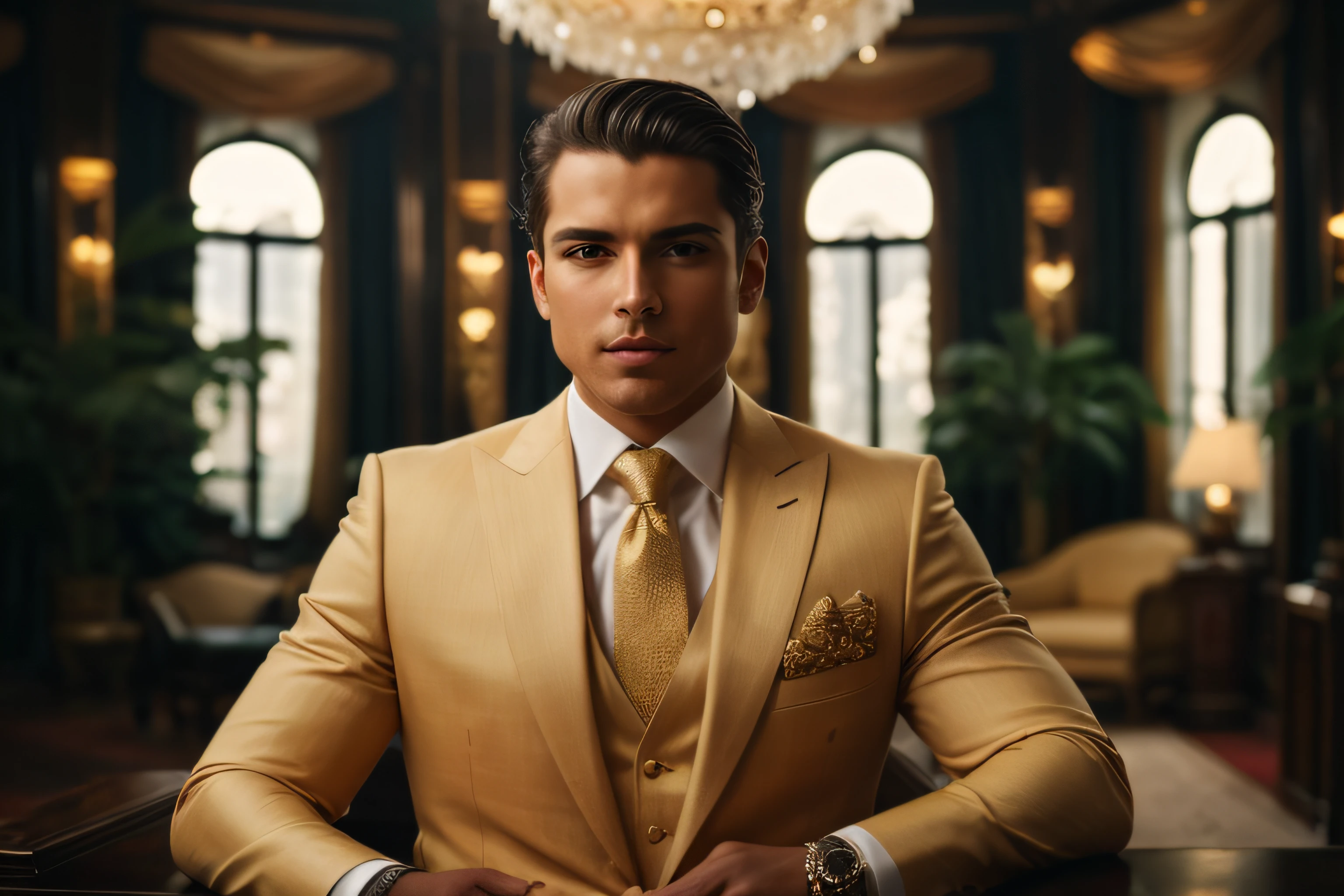 Araffe vestida con traje y corbata sentada en una mesa, Traje de oro, en un traje dorado, Rafael Personnaz, Envuelto en oro sedoso, guapo y elegante, cabello super corto, 8k, Traje bronceado, Traje de lujo, chaleco dorado, Por Derek Zabrocki, Elegante cuerpo dorado, epic and classy portrait, Traje intrincado, Hombre guapo, guapo masculino, Envuelto en oro