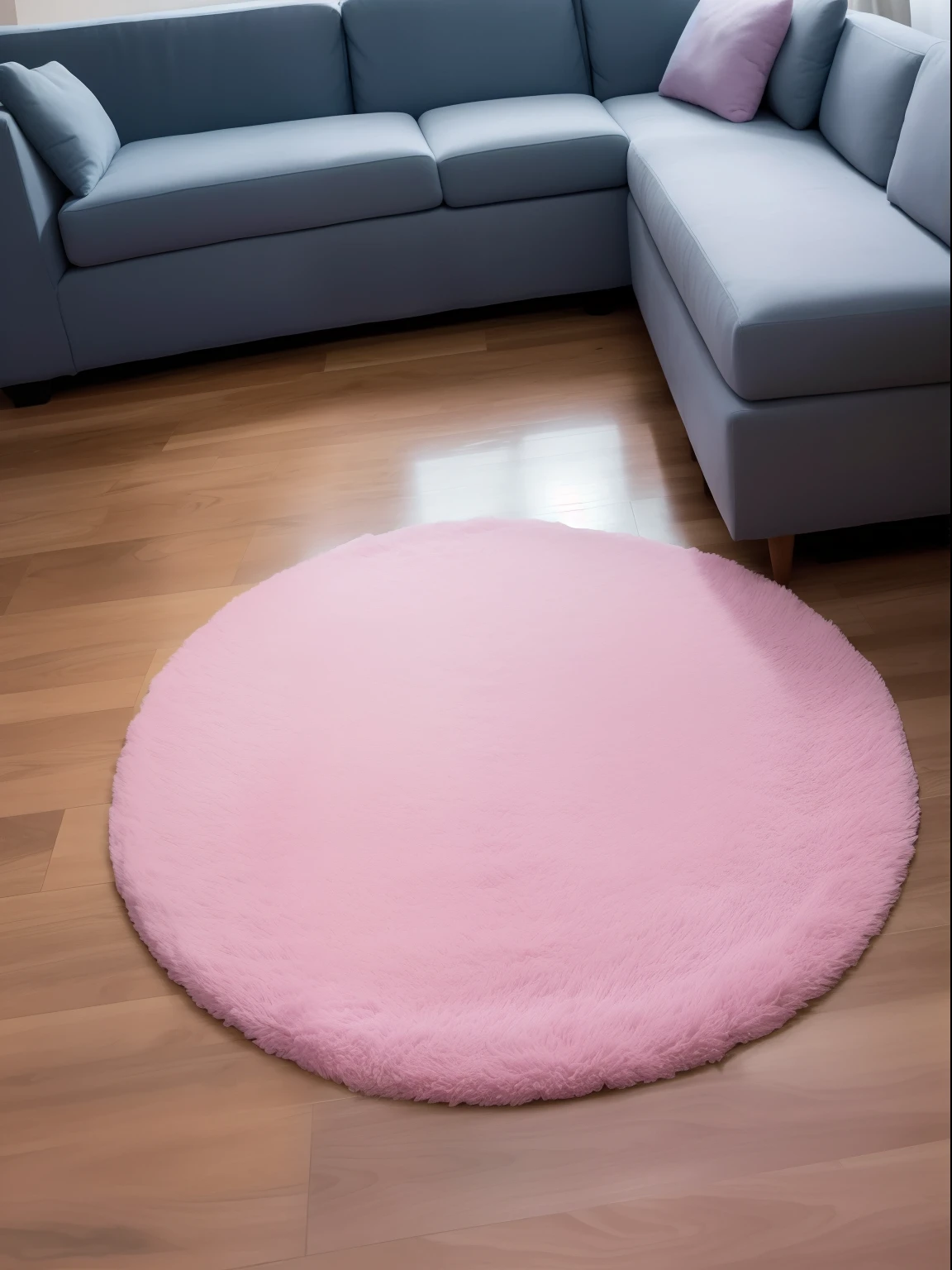 Alafed area carpet on living room wooden floor，With sectional sofa, with soft pink colors, pink fluffy fur, placed in a living room, areas rugs, soft round features, Pink fur, placed in a large living room, Soft fluffy, areas rugs, pink zen style, made of cotton candy, carpet on the floor, Beautiful and smooth soft light