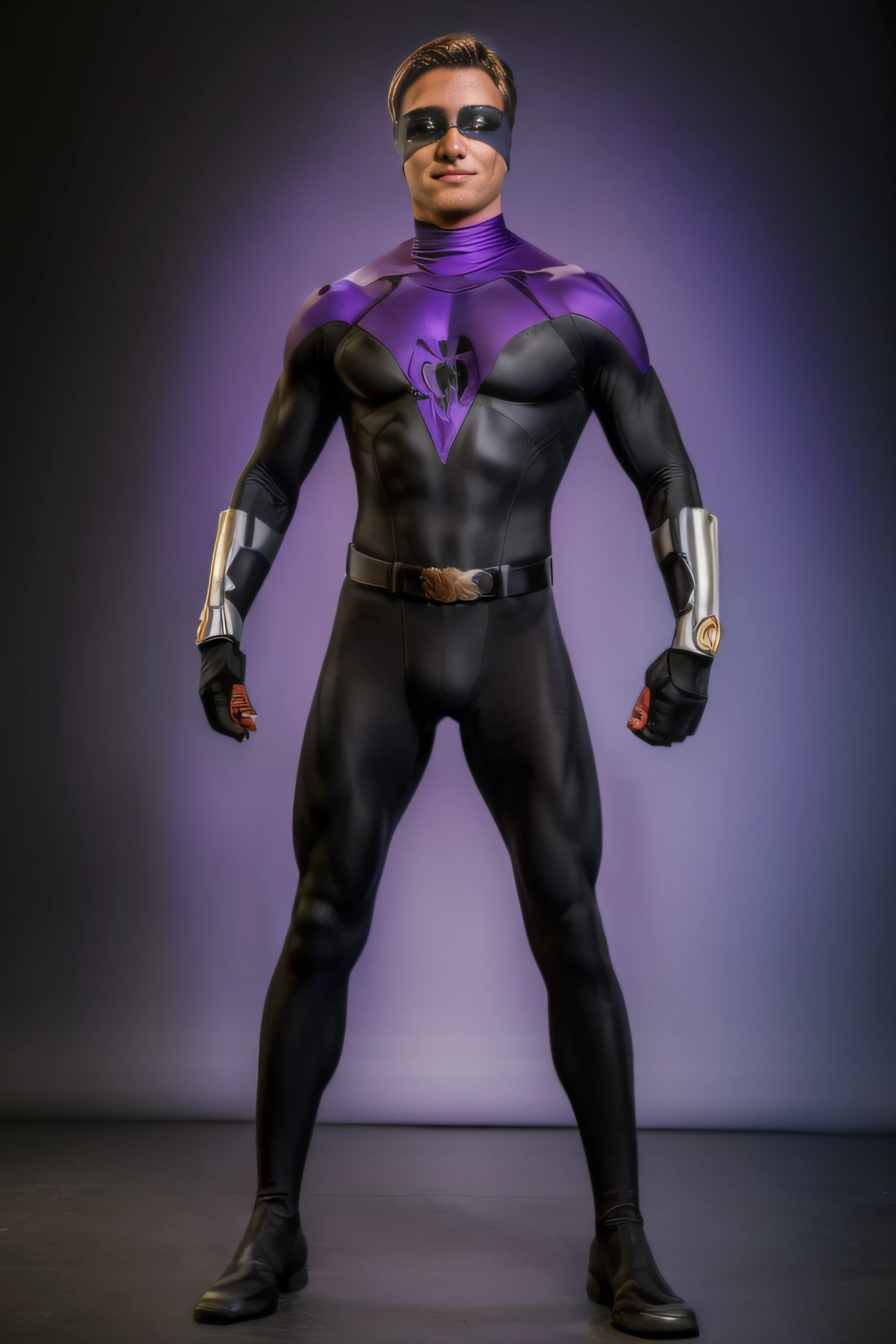 full body image, extremely muscular 20-year-old Kent Walker wearing a small, black, bandit eye mask, a skintight, formfitting purple silk cowl, black and blue striped shorts over a skintight, formfitting, purple, silk, full bodysuit, a black utility belt with a metal, skull shaped, belt buckle, and black knee-high boots, 32k UHD, Hyper realistic, photorealistic, realistic, lifelike, real life, professional quality, highly detailed, colorful, starlight, oil painting on canvas,