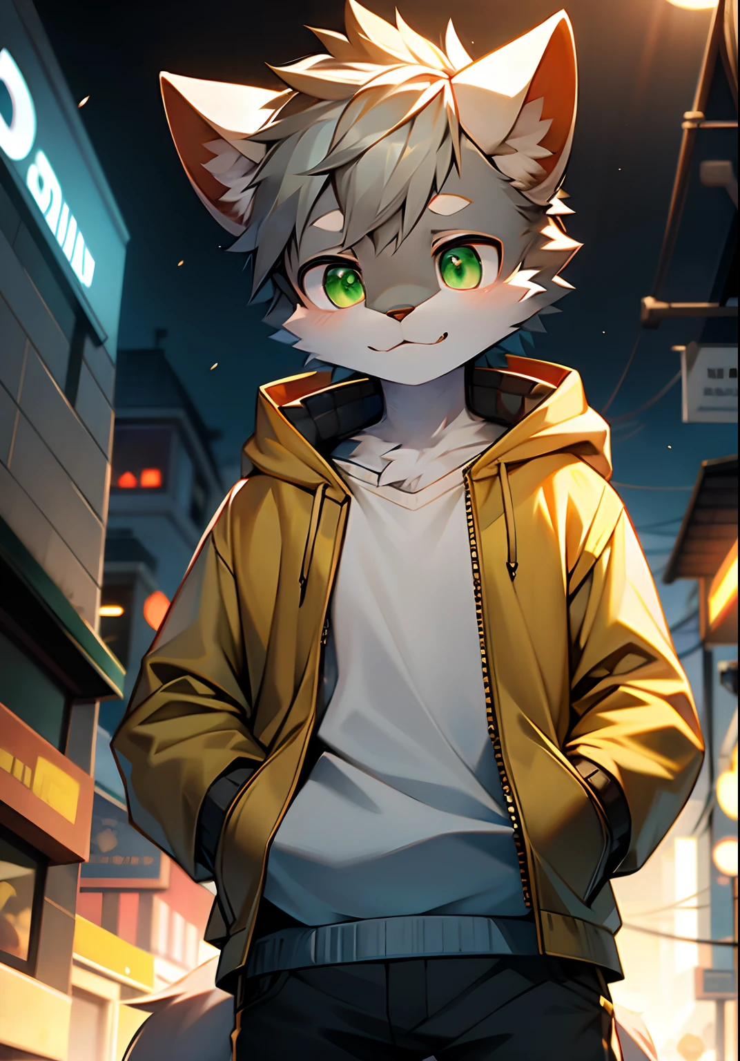 （catss，Gray hair and green pupils，Yellow and white coat color，adolable，vivaciousness，Libido boy，underage,Wear a sweatshirt with a pink pattern，lively and lovely，shorter pants, Wind element，shaggy），Digital artwork with cinematic lighting.A boy，Monosomy anthropology,Furry,feral,(Digital media \(artwork of a\):1.2),(hi，It's nothing,absurd res:1.2),Perfect anatomy,Anatomically correct,Detailed,Detailed face,Detailed eyes,(