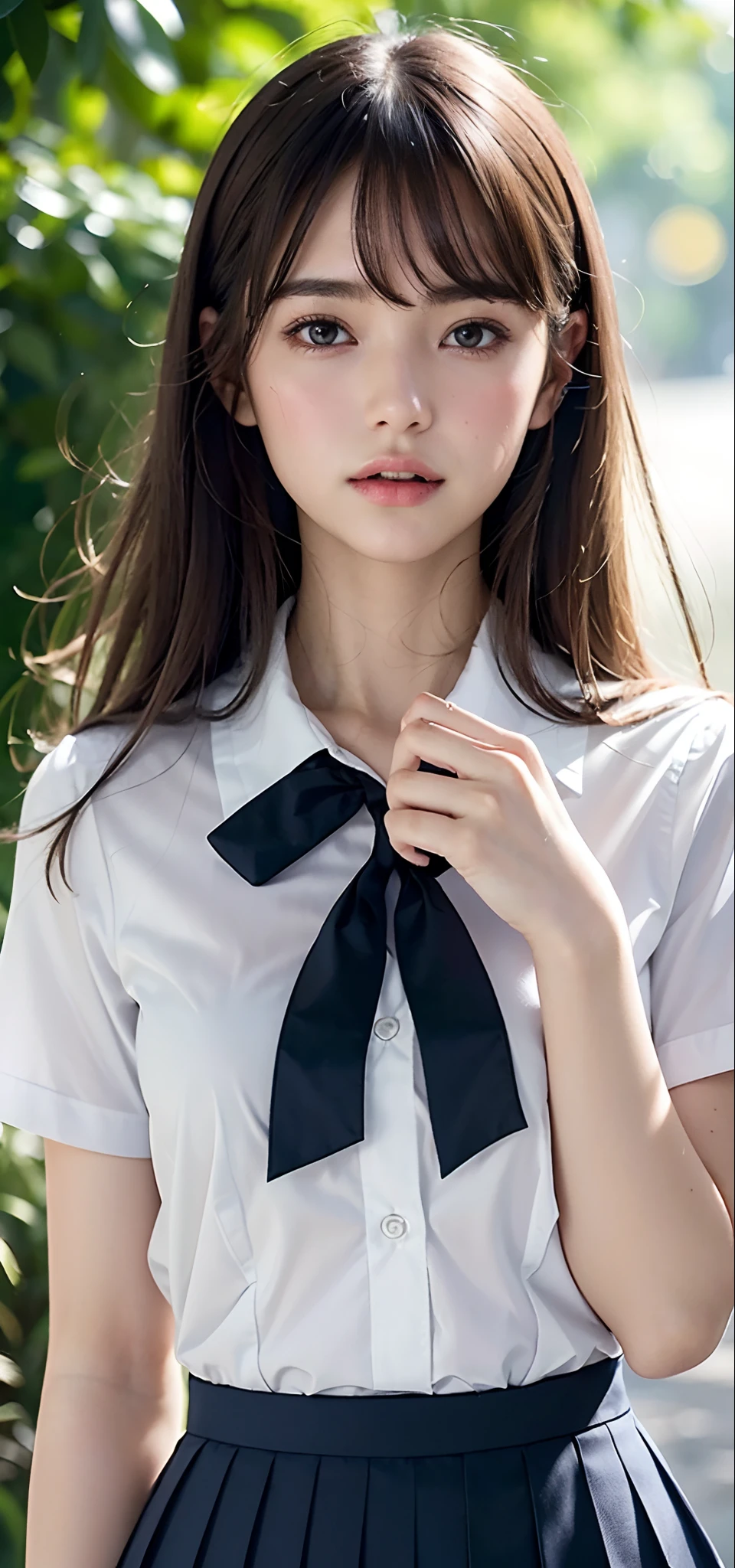 1womanl, up of face, mideum breasts, light brown hair, Blunt bangs, hair behind ear, hair over shoulder, Long hair, slender body shape, Ultra Fine Face, Thin face, Delicate lips, Beautiful eyes, thin blush, eyes are light brown, perfect glossy skin, flawless skin, Glistening sweat,View here, Ultra-thin hands, Ultra-fine fingers:realisitic:1.3), Broad-leaved forest, One-person viewpoint, Fuji Film, F/1.2, 8K, masutepiece, nffsw, Super Detail, High quality, Best Quality, hight resolution, ((Don't show your fingertips))、the golden hour Beautiful light, (((Schoolgirl Uniform)))、(((White Short Sleeve Low Cut Front Button Shirt、Dark blue ribbon)))、((Ultra Micro Mini Dark Blue Pleated Skirt)) ((Colossal tits)) (((Positive image:1.3)))