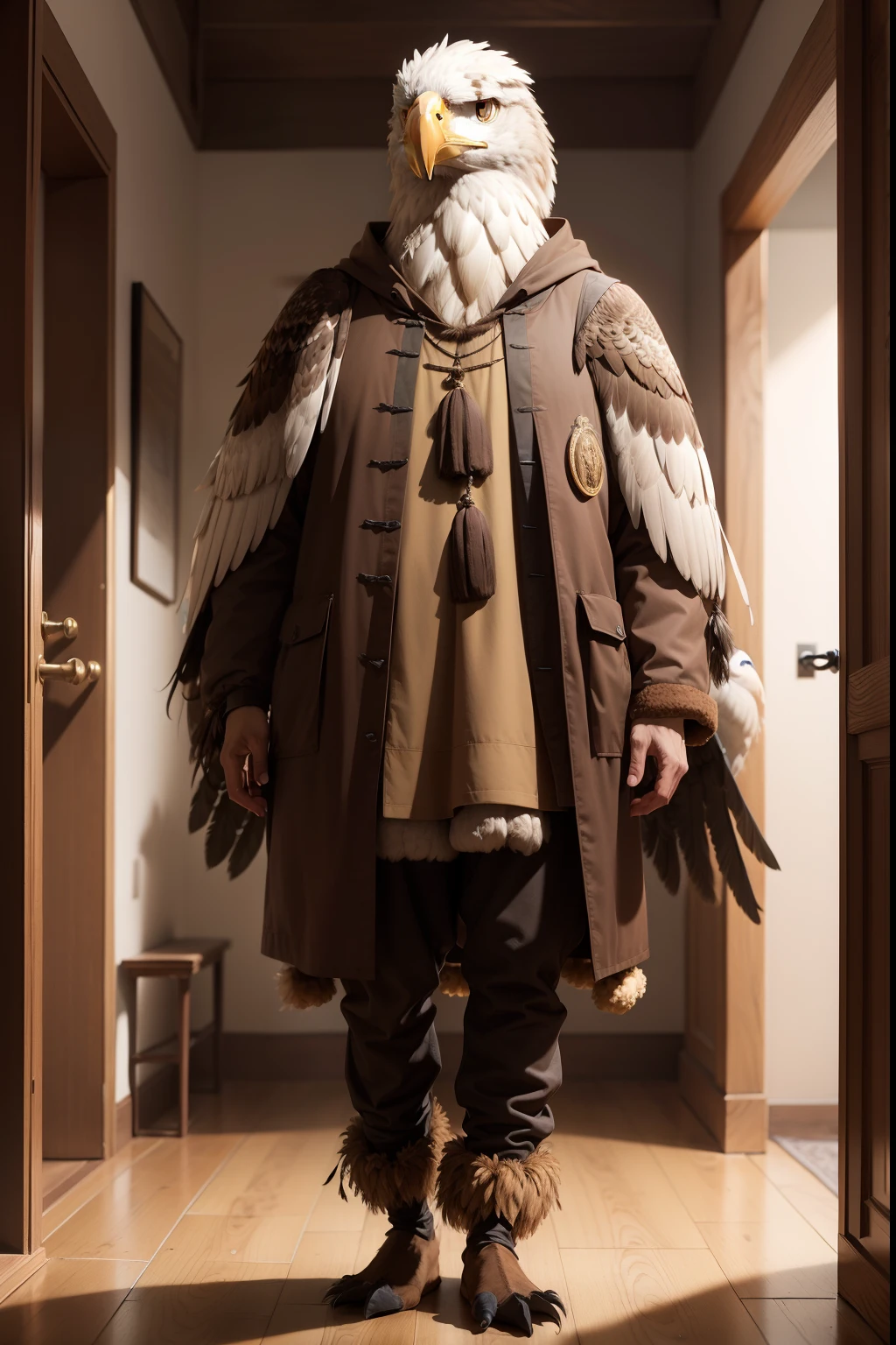 bird, Eagle , humanoid, Furry, inhabitant, frontal view, stands, Resident's clothes, feathered, brown feathers, Medieval clothes of the inhabitant,