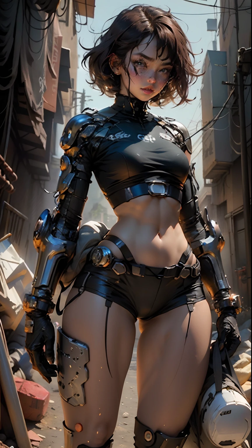 Woman body defined thick thighs cybernetic body parts, short underwear