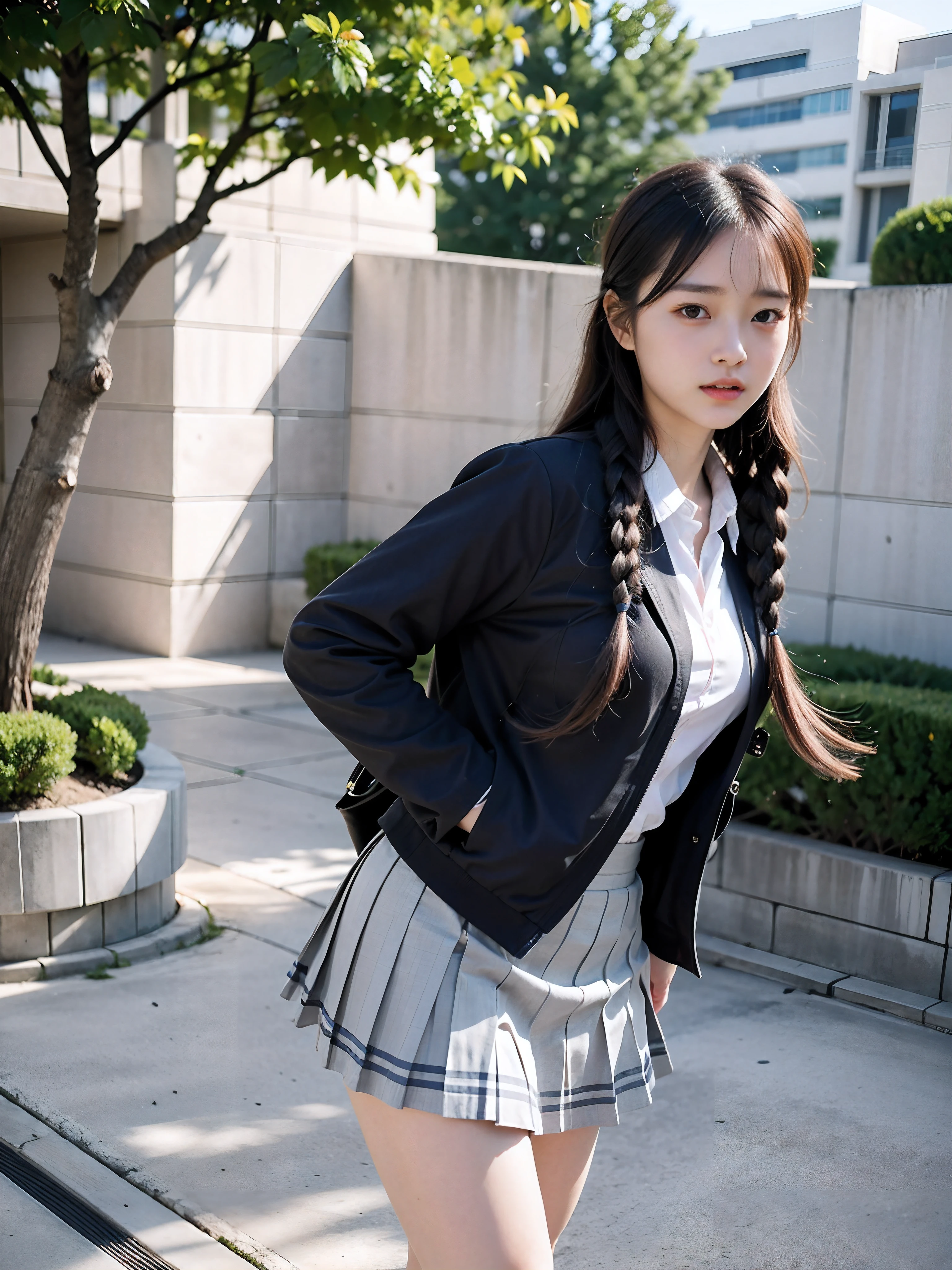 pedestrian walkway,RAW photos,8K,HighestQuali, 超高分辨率,Beautiful face details,Real human skin,Blushing and shy expressions,up front view,From the angle below,Twist braids,realisticlying,realisticlying,adolable,short skirt,Stand deep in the city,cute female student,Japanese schoolgirl uniform,Wearing a Japanese school uniform,校服,Surreal high school girl,full bodyesbian,