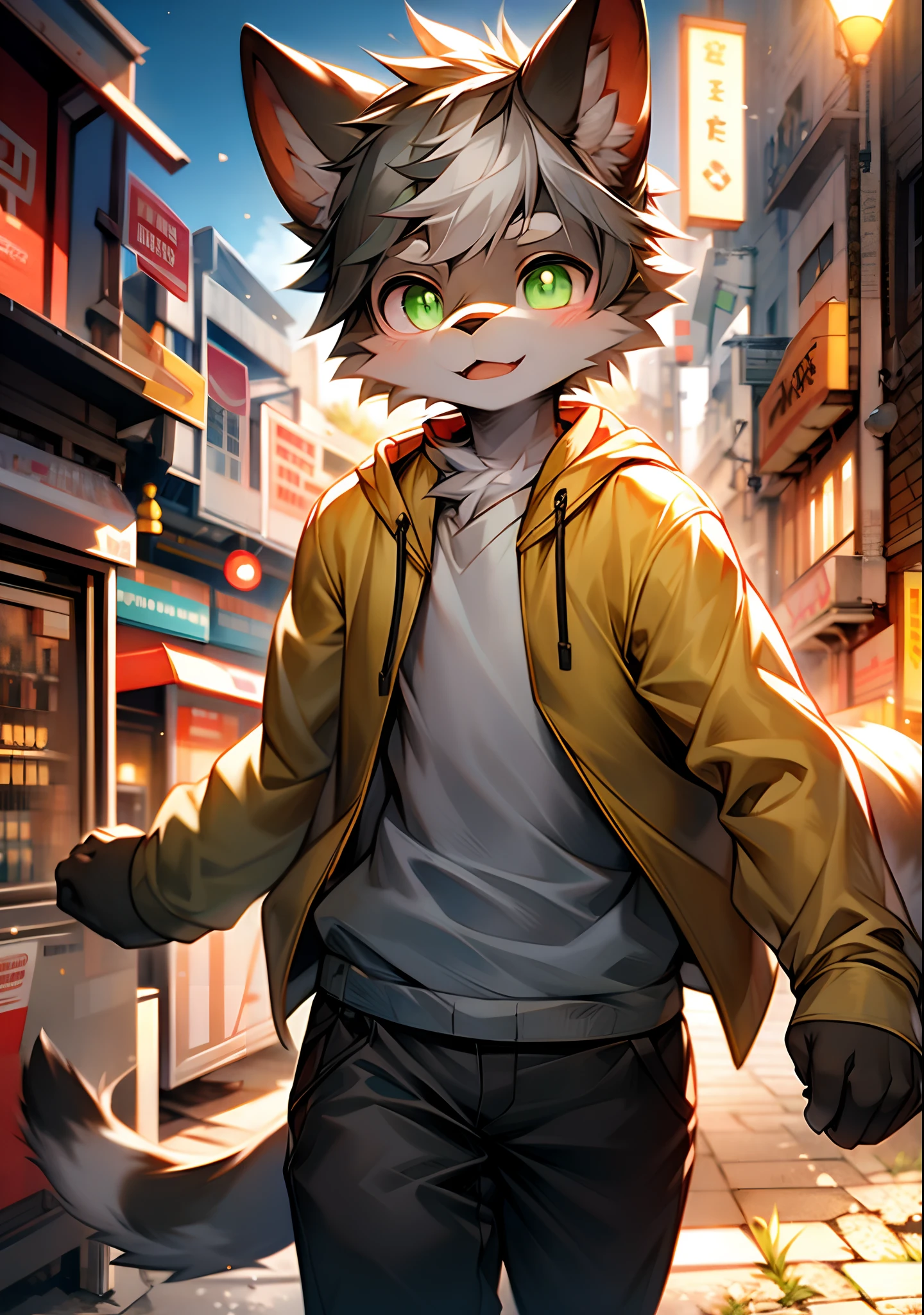（catss，Gray hair and green pupils，Yellow and white coat color，adolable，vivaciousness，?????? boy，underage,Wear a sweatshirt with a pink pattern，lively and lovely，shorter pants, Wind element，shaggy），Digital artwork with cinematic lighting.A boy，Monosomy anthropology,Furry,feral,(Digital media \(artwork of a\):1.2),(hi，It's nothing,absurd res:1.2),Perfect ???????,Anatomically correct,Detailed,Detailed face,Detailed eyes,(
