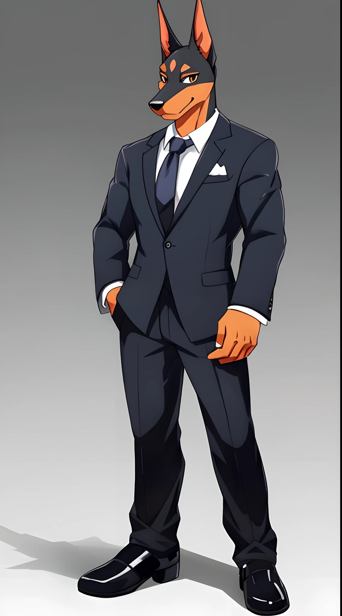 masterpiece, Best Quality, anime style illustration, kemono,furry,Simple background, solo, 1male, Doberman male, Look at viewers,full body, tight pants, business suit,