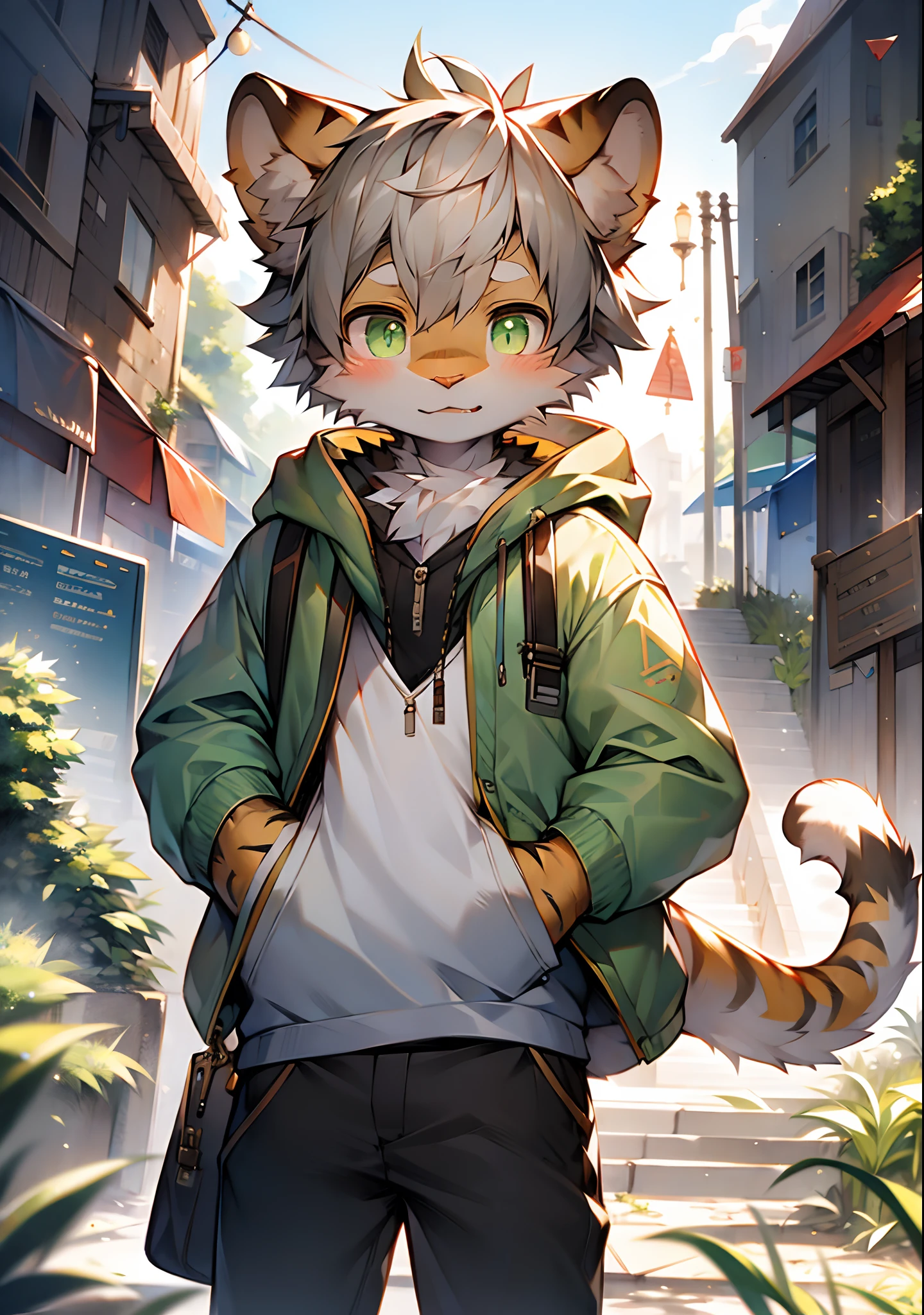 （catss，Gray hair and green pupils，Yellow and white coat color，adolable，vivaciousness，Libido boy，underage,Wear a sweatshirt with a pink pattern，lively and lovely，shorter pants, Wind element，shaggy），Digital artwork with cinematic lighting.A boy，Monosomy anthropology,Furry,feral,(Digital media \(artwork of a\):1.2),(hi，It's nothing,absurd res:1.2),Perfect anatomy,Anatomically correct,Detailed,Detailed face,Detailed eyes,(Realistic fur,Detailed fur:1.25),Detailed background,amazing background. Break (author：Puinki \(artist\):1.2),(author：Unreal Land,author：Sumi Kuroi,author：Milk Tiger 1145,author：Morkey,author：Emolga 1,Through oocysts:1.2),(author：Xia Huaiting:0.8),(by Pino Daeni:0.8),(author：Sios Shiru:0.8),(by Chunie:0.8).