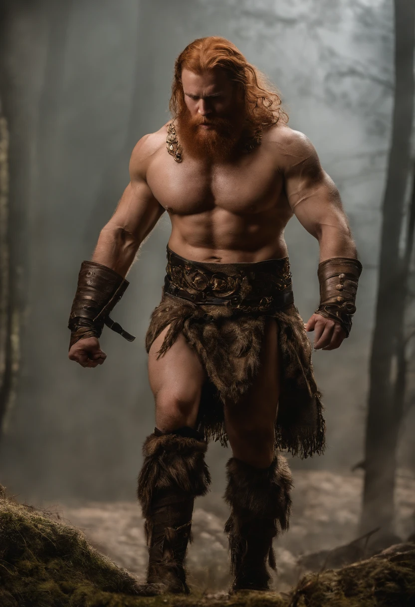 (masterpiece), best quality, highly realistic, detailed image of four men, (beautiful, muscular, tattooed, ginger, naked, wearing a tiny golden metal loincloth), wearing massive heavy golden metal chains at his wrists biceps and neck, golden chest armour, golden torc, full body image, seen from a low angle, on a darkened background