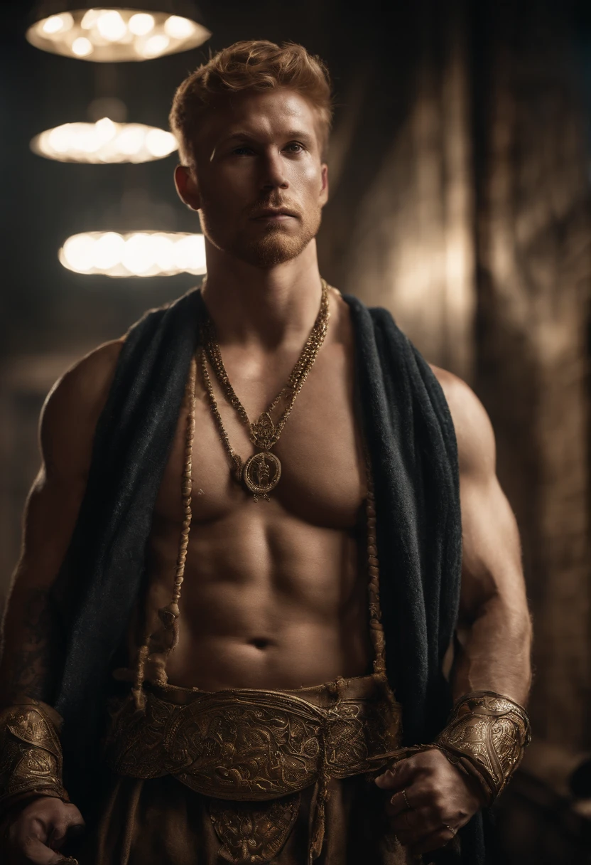 (masterpiece), best quality, highly realistic, detailed image of four men, (beautiful, muscular, tattooed, ginger, naked, wearing a tiny golden metal loincloth), wearing massive heavy golden metal chains at his wrists biceps and neck, golden chest armour, golden torc, full body image, seen from a low angle, on a darkened background