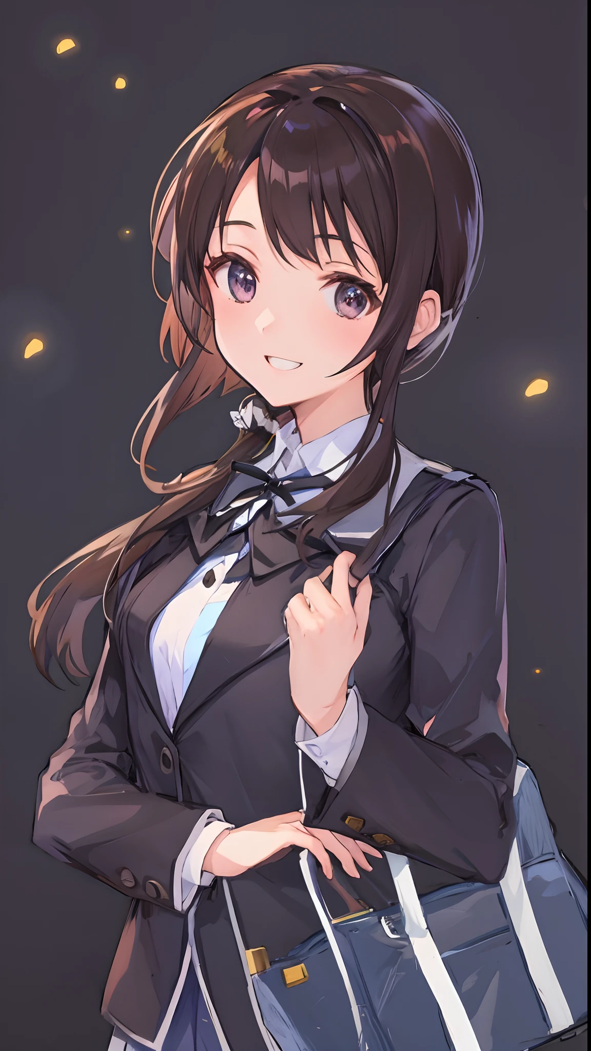 anime girl in school uniform, dark brown hair, silver eyes, smile
