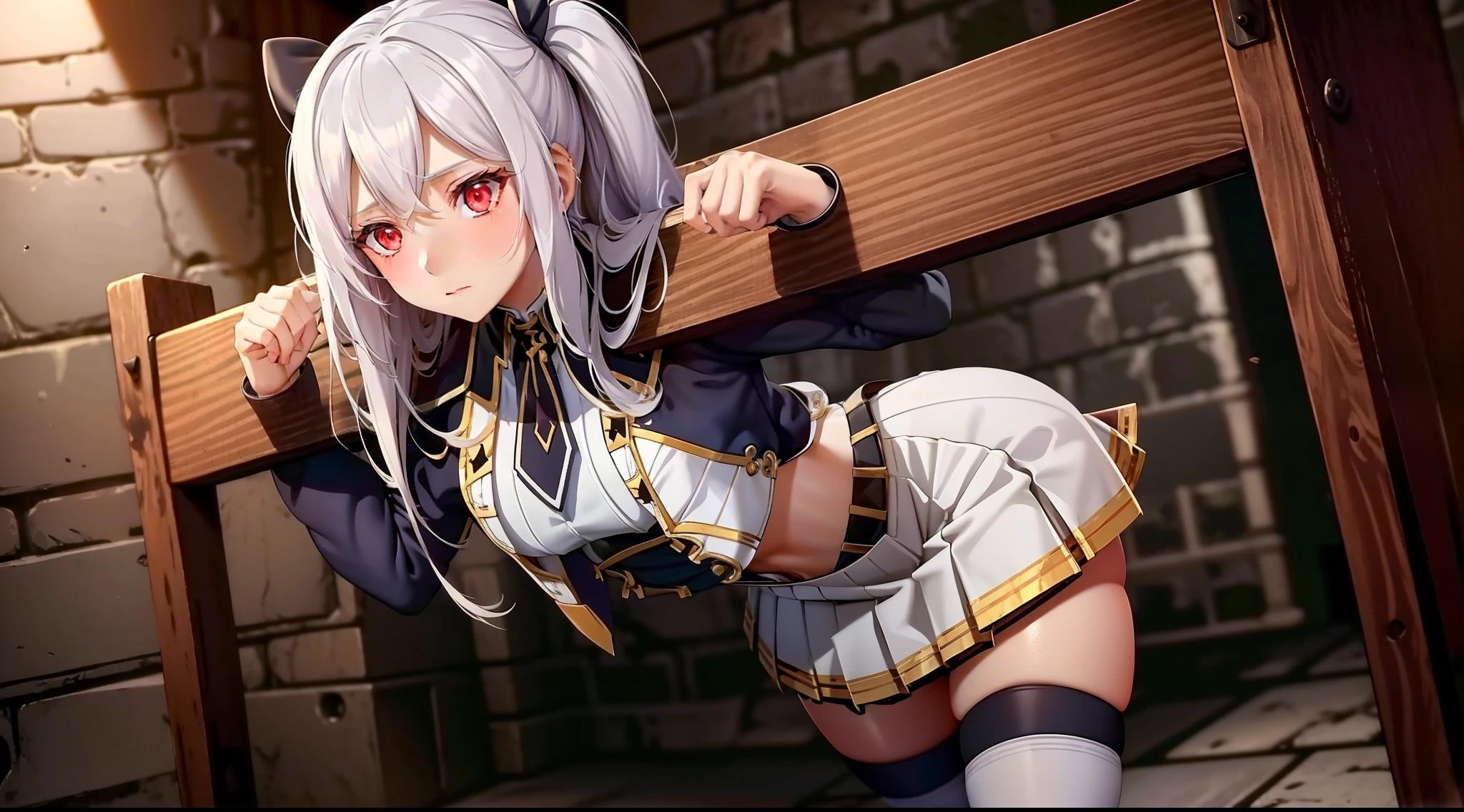 pillory,1girl hair ornament necktie white skirt uniform white thighhighs,white hair,red eyes