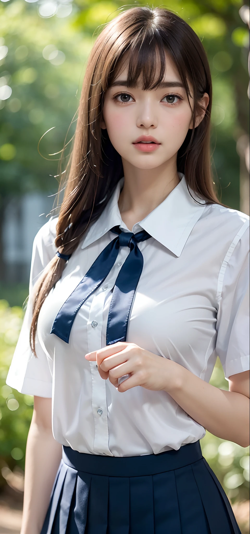 1womanl, up of face, mideum breasts, light brown hair, Blunt bangs, hair behind ear, hair over shoulder, Long hair, slender body shape, Ultra Fine Face, Thin face, Delicate lips, Beautiful eyes, thin blush, eyes are light brown, perfect glossy skin, flawless skin, Glistening sweat,View here, Ultra-thin hands, Ultra-fine fingers:realisitic:1.3), Broad-leaved forest, One-person viewpoint, Fuji Film, F/1.2, 8K, masutepiece, nffsw, Super Detail, High quality, Best Quality, hight resolution, ((Don't show your fingertips))、the golden hour　Beautiful light,  (((Schoolgirl Uniform)))、(((White Short Sleeve Low Cut Front Button Shirt、Dark blue ribbon)))、((Ultra Micro Mini Dark Blue Pleated Skirt)) ((Colossal tits)) (((Positive image:1.3)))