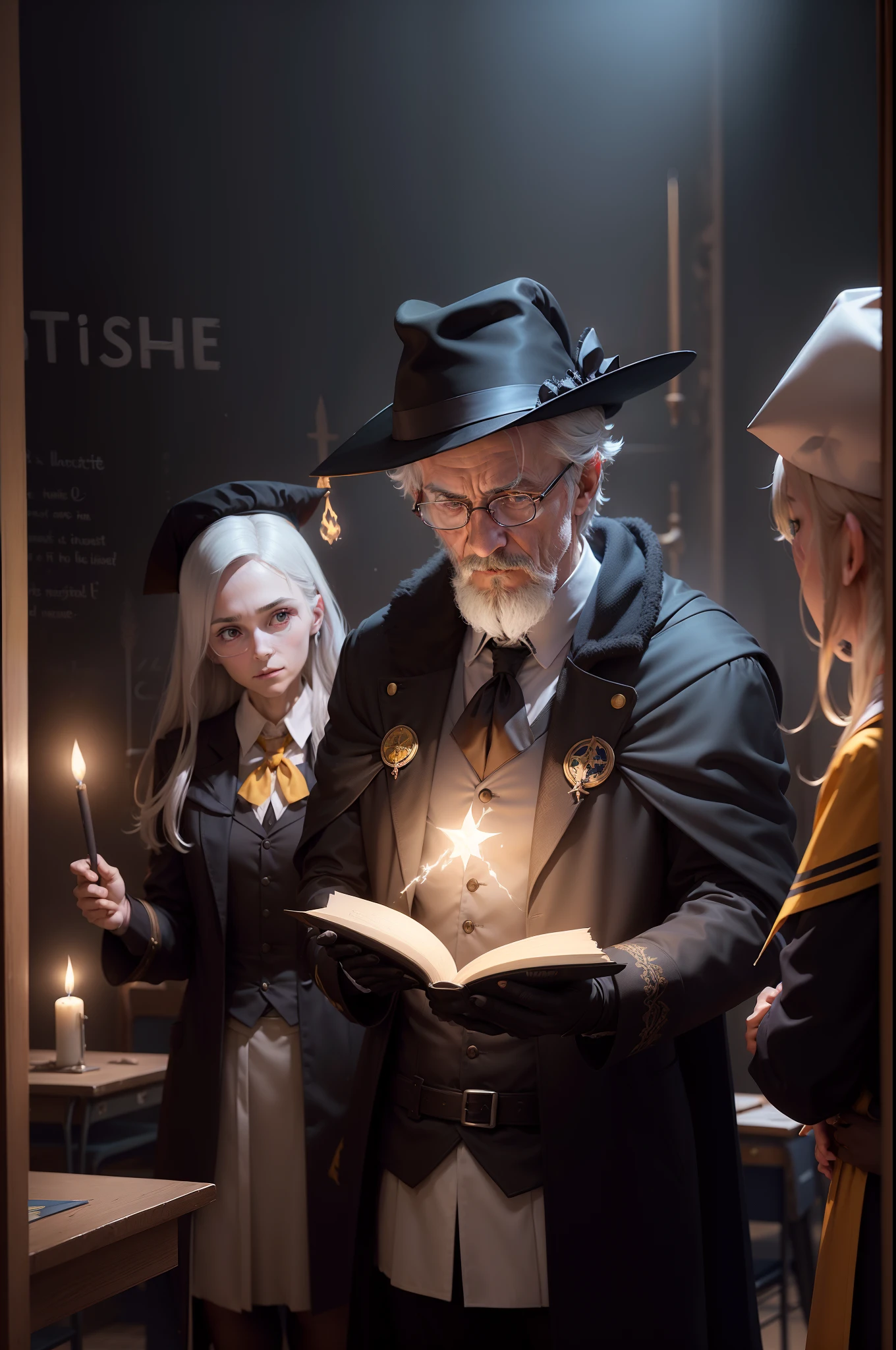 (Professors and students:1.4) in a school of magic, un vieux professeur (cheveux blanc, Long manteau noir et jaune) teaches young sorcerer students (en cape noir et chapeau pointu), la magie. des follet bleue, Wand in hand spells come out of students' wands. Ultra Detail, 16K, photo realist.