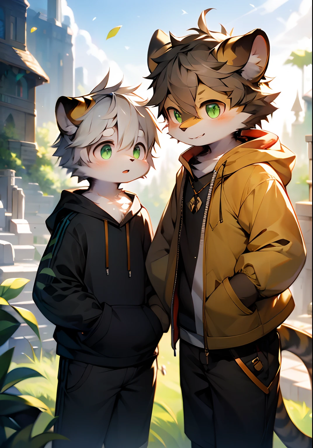 （catss，Gray hair and green pupils，Yellow and white coat color，adolable，vivaciousness，Libido boy，underage,Wear a sweatshirt with a pink pattern，lively and lovely，shorter pants, Wind element，shaggy），Digital artwork with cinematic lighting.A boy，Monosomy anthropology,Furry,feral,(Digital media \(artwork of a\):1.2),(hi，It's nothing,absurd res:1.2),Perfect anatomy,Anatomically correct,Detailed,Detailed face,Detailed eyes,(Realistic fur,Detailed fur:1.25),Detailed background,amazing background. Break (author：Puinki \(artist\):1.2),(author：Unreal Land,author：Sumi Kuroi,author：Milk Tiger 1145,author：Morkey,author：Emolga 1,Through oocysts:1.2),(author：Xia Huaiting:0.8),(by Pino Daeni:0.8),(author：Sios Shiru:0.8),(by Chunie:0.8).