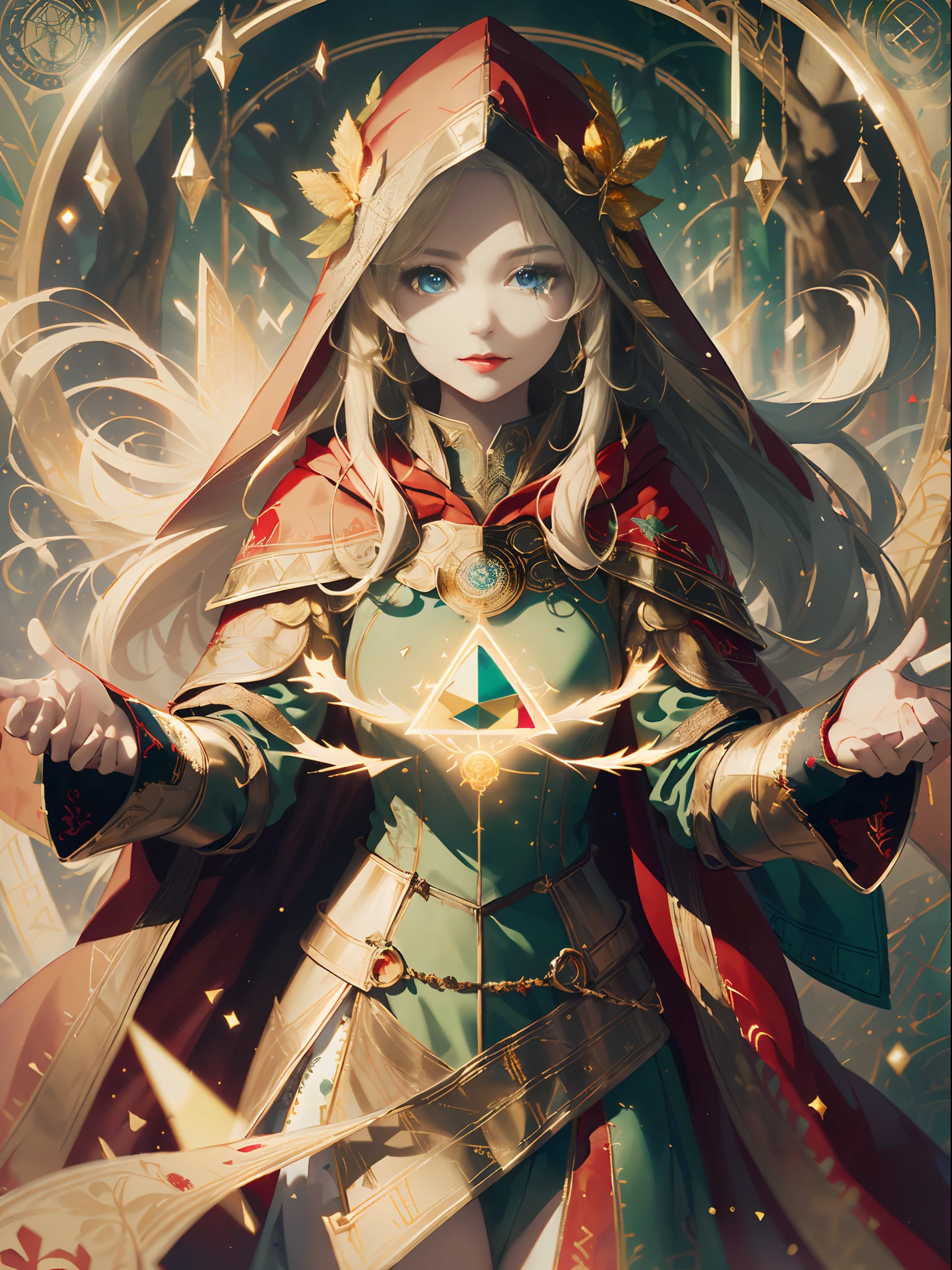 (((Masterpiece, highest quality, high definition, high detail)))), ((((Fantasy)))), one, (Elf woman)))), (short white skirt embroidered with gold), (Blonde long straight hair), (((bright dark blue eyes)))), (red cloak armor with gold embroidery:1.8)), Big, (Strong wind), (Cast spells)), (A lot of glowing grains are flying), ((( A vortex of light gathers in the hand))), (((Magic circle of light densely drawn with geometric patterns and magic letters in the background))), ((Many glowing green arrows are released)), forest, magic circle reflected in cloak