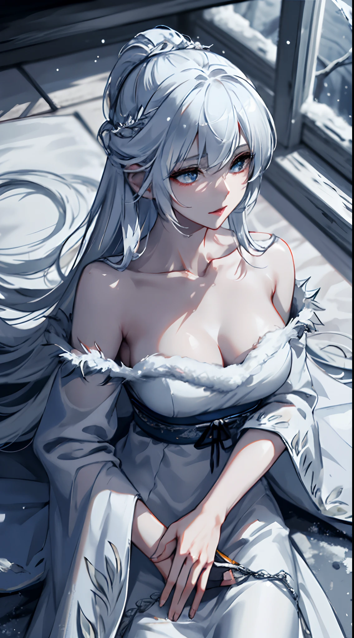 1 girl, upper body, single focus, icy beauty, yuki-onna-inspired gown, frosty gaze, (snowy landscape: 1.4), (blizzard: 1.3), snow-white skin, chilling aura, [depth of field, ambient lighting, snow-covered foreground, snowy forest background], snowy forest, freezing winds, falling snowflakes, (frozen lake), (icy cave: 1.2), intricate details, enhanced lighting.