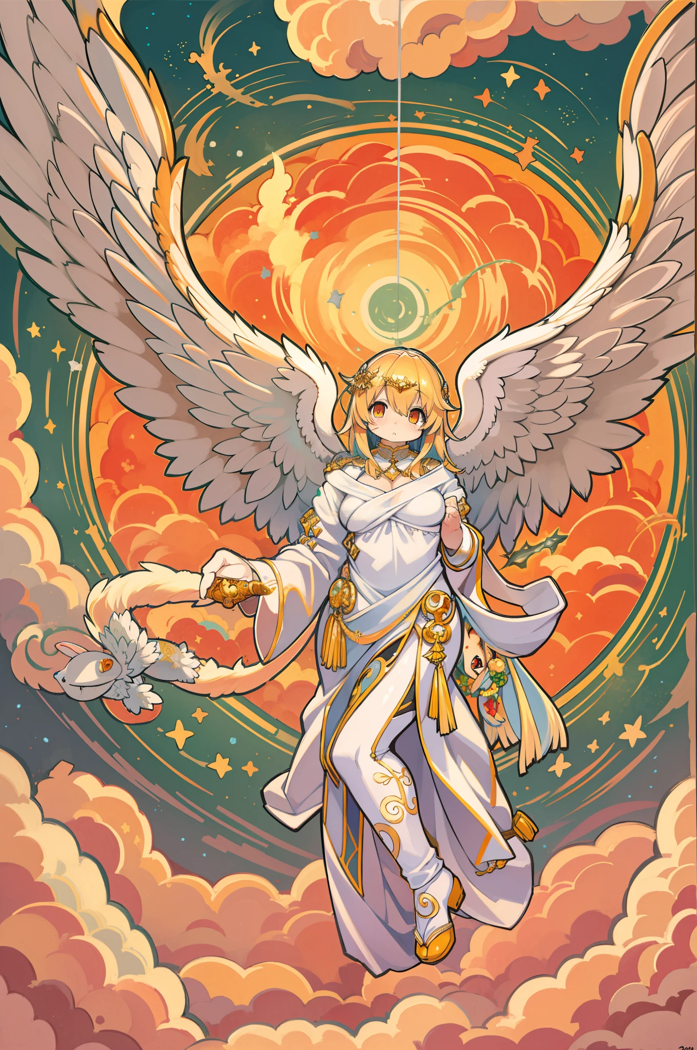Angelic beings without human affection, Creator of the universe, myth, Image background, Mount of Heaven々Scenarios, Orange clouds. The style of the image should be in the cartoon, With strong and impressive strokes, And a touch to mythology and angelic characters 、huge-breasted、thick thight、big butts