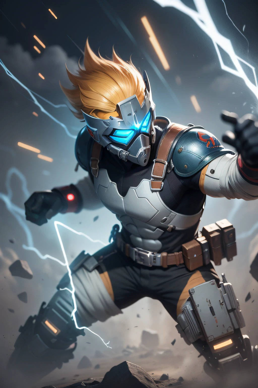 Blitz is a genius inventor with a passion for electricity. He is dressed in a high-tech combat suit that he designed himself to participate in the Brawls.. His suit is equipped with sophisticated electrical devices that allow him to handle electricity with great precision. Blitz a un look futuriste, with a fitted combination, electric gloves and a mask that makes him look mysterious. Ses cheveux en bataille. Style brawl stars. 3D, 4K