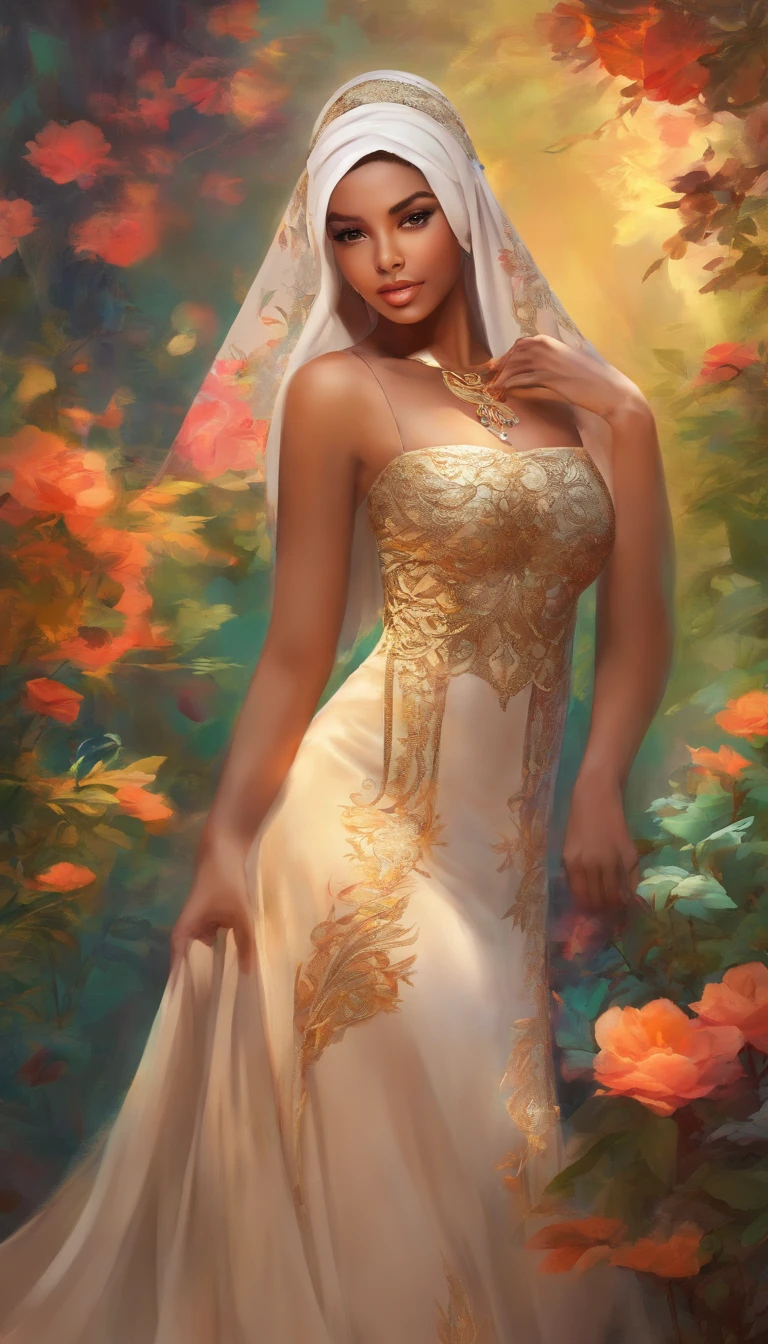 A female wearing a hijab and jumpsuit stands elegantly in a vibrant garden. Her beautiful eyes sparkle with life and are accentuated by thick lashes. Her hair cascades in intricate waves, framing her face and adding to her allure. She possesses a pair of thick lips, adding a touch of sensuality to her appearance. Her circular chest and visible cleavage highlight her femininity, while her curved booty complements her thin waist, creating an enchanting silhouette. The artwork is a 3D render, executed with the utmost precision and attention to detail. Every aspect of the image is stunningly realistic, with exquisite lighting that accentuates the subject's features. The colors are vibrant and lively, adding depth and dimension to the scene. This artwork is a true masterpiece, capturing the beauty and grace of the female subject in a photorealistic manner. The piece belongs to the portraits genre, celebrating the diversity and elegance of women adorned with hijabs.