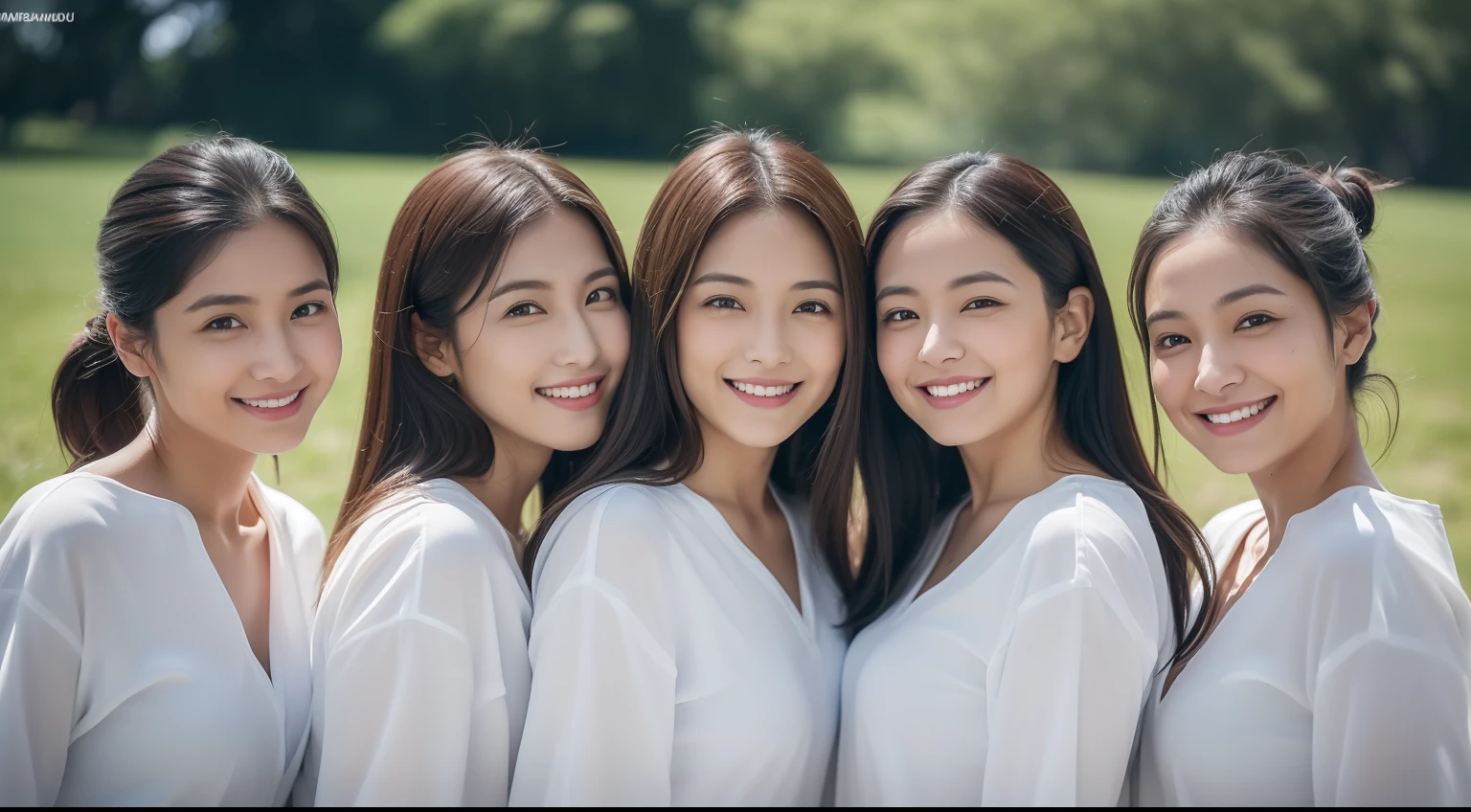 ((4 people in a row,A smile:0.8,midiam,The shirt)),(Best Quality, in 8K, 32K, masutepiece, nffsw:1.2),Commercial Face,Detailed body,Photo of Pretty Japanese woman, The upper part of the body