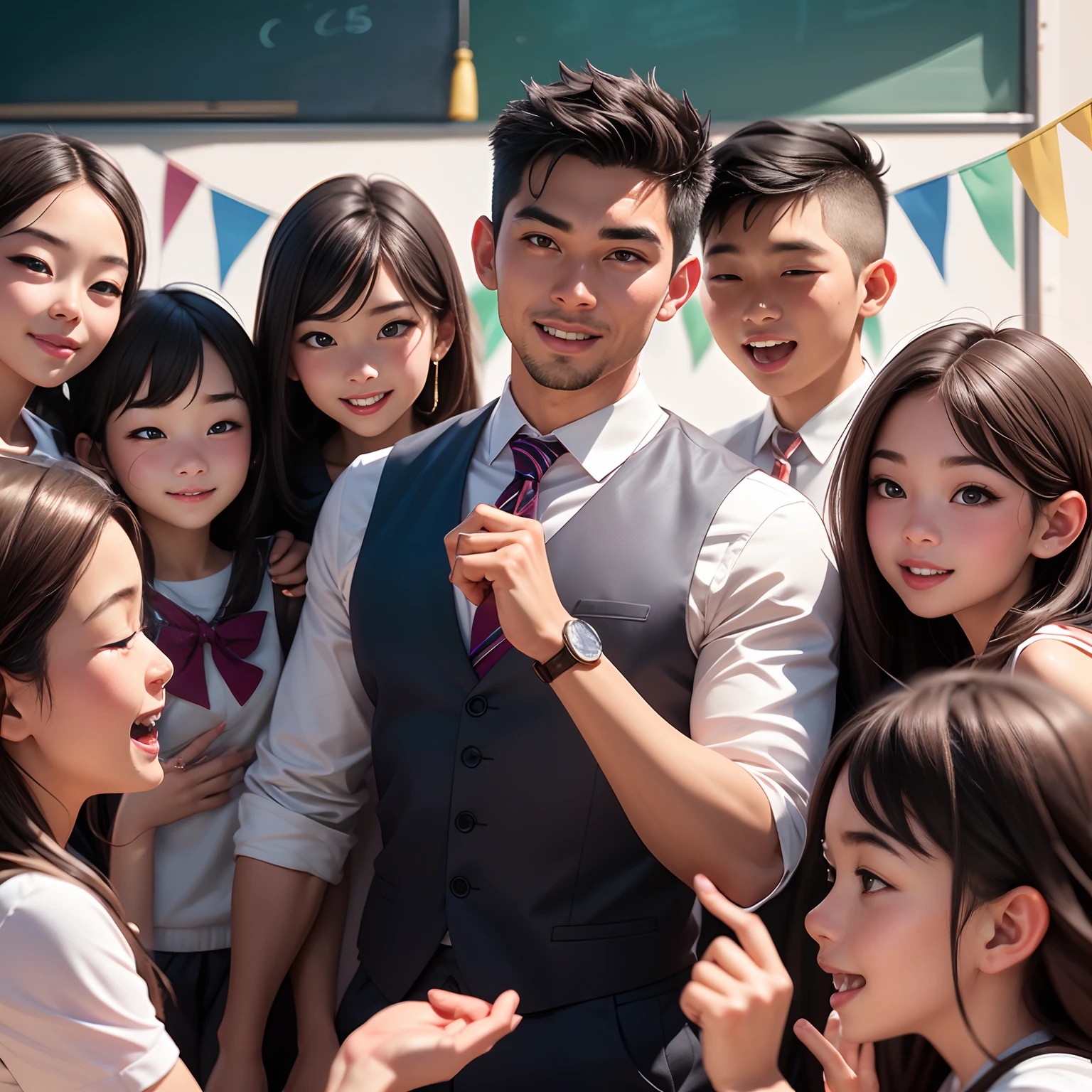 Asian male teacher, Surrounded by six elementary school students, The teacher's face is full of the vicissitudes of time,Full of silver hair,Celebrate the festival in a cheerful atmosphere,Ultra photo realsisim,8K,