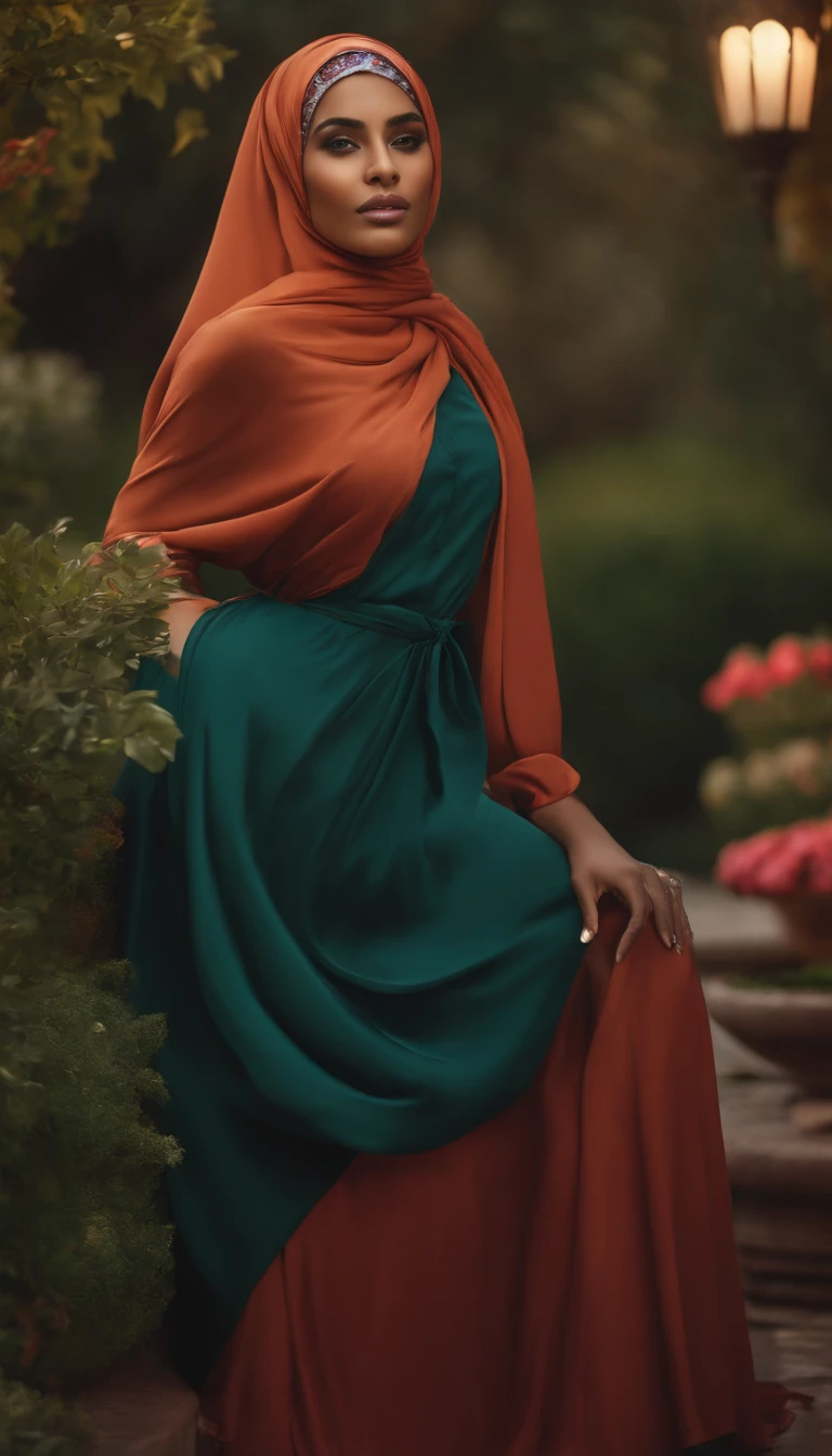 A female wearing a hijab and jumpsuit stands elegantly in a vibrant garden. Her beautiful eyes sparkle with life and are accentuated by thick lashes. Her hair cascades in intricate waves, framing her face and adding to her allure. She possesses a pair of thick lips, adding a touch of sensuality to her appearance. Her circular chest and visible cleavage highlight her femininity, while her curved booty complements her thin waist, creating an enchanting silhouette. The artwork is a 3D render, executed with the utmost precision and attention to detail. Every aspect of the image is stunningly realistic, with exquisite lighting that accentuates the subject's features. The colors are vibrant and lively, adding depth and dimension to the scene. This artwork is a true masterpiece, capturing the beauty and grace of the female subject in a photorealistic manner. The piece belongs to the portraits genre, celebrating the diversity and elegance of women adorned with hijabs.