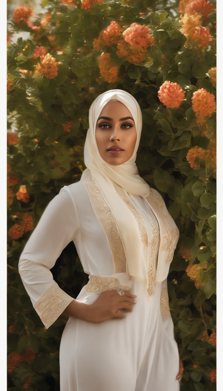 A female wearing a hijab and jumpsuit stands elegantly in a vibrant garden. Her beautiful eyes sparkle with life and are accentuated by thick lashes. Her hair cascades in intricate waves, framing her face and adding to her allure. She possesses a pair of thick lips, adding a touch of sensuality to her appearance. Her circular chest and visible cleavage highlight her femininity, while her curved booty complements her thin waist, creating an enchanting silhouette. The artwork is a 3D render, executed with the utmost precision and attention to detail. Every aspect of the image is stunningly realistic, with exquisite lighting that accentuates the subject's features. The colors are vibrant and lively, adding depth and dimension to the scene. This artwork is a true masterpiece, capturing the beauty and grace of the female subject in a photorealistic manner. The piece belongs to the portraits genre, celebrating the diversity and elegance of women adorned with hijabs.