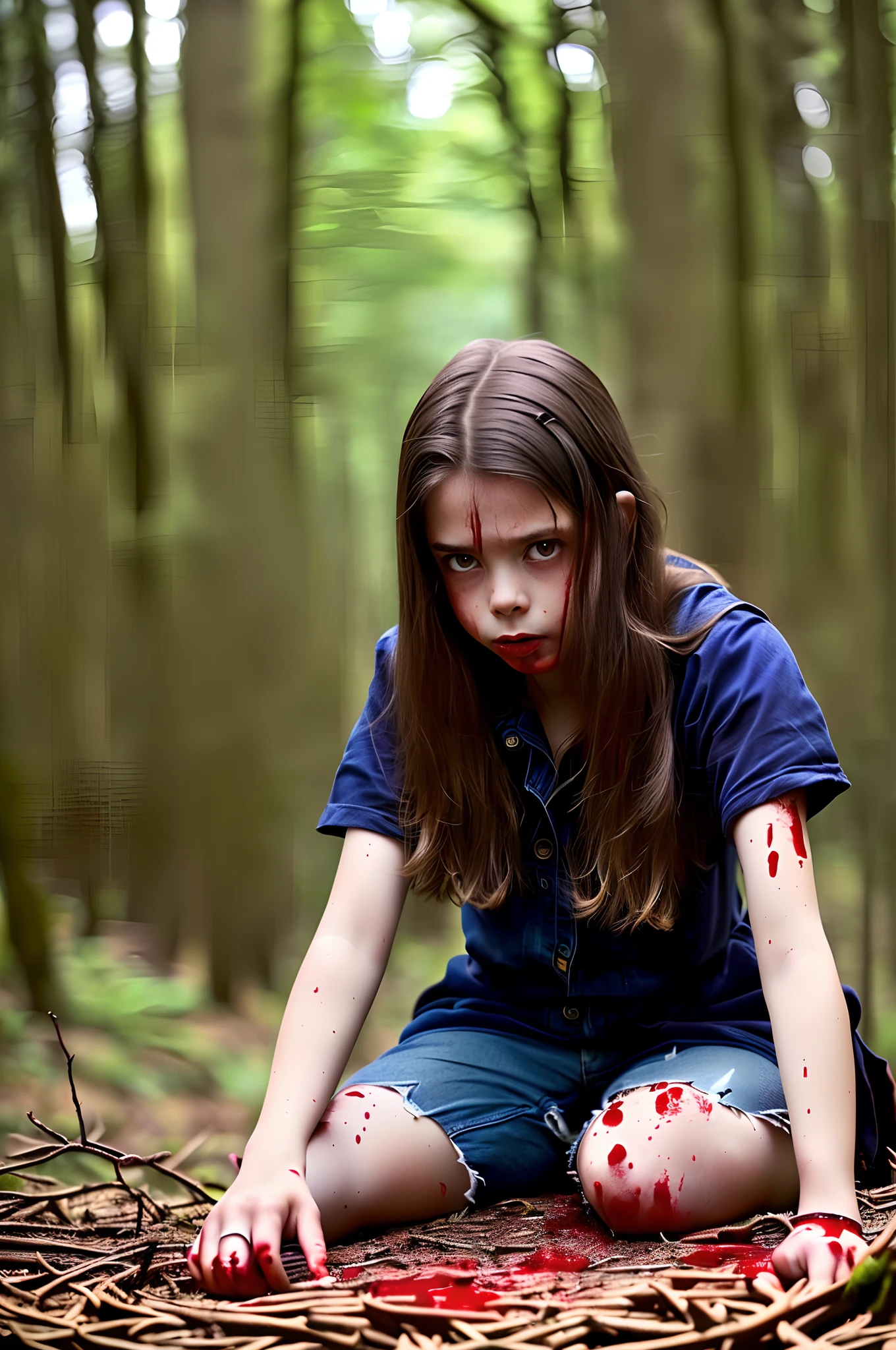 girl in the forest covered in blood horror film photorealistic