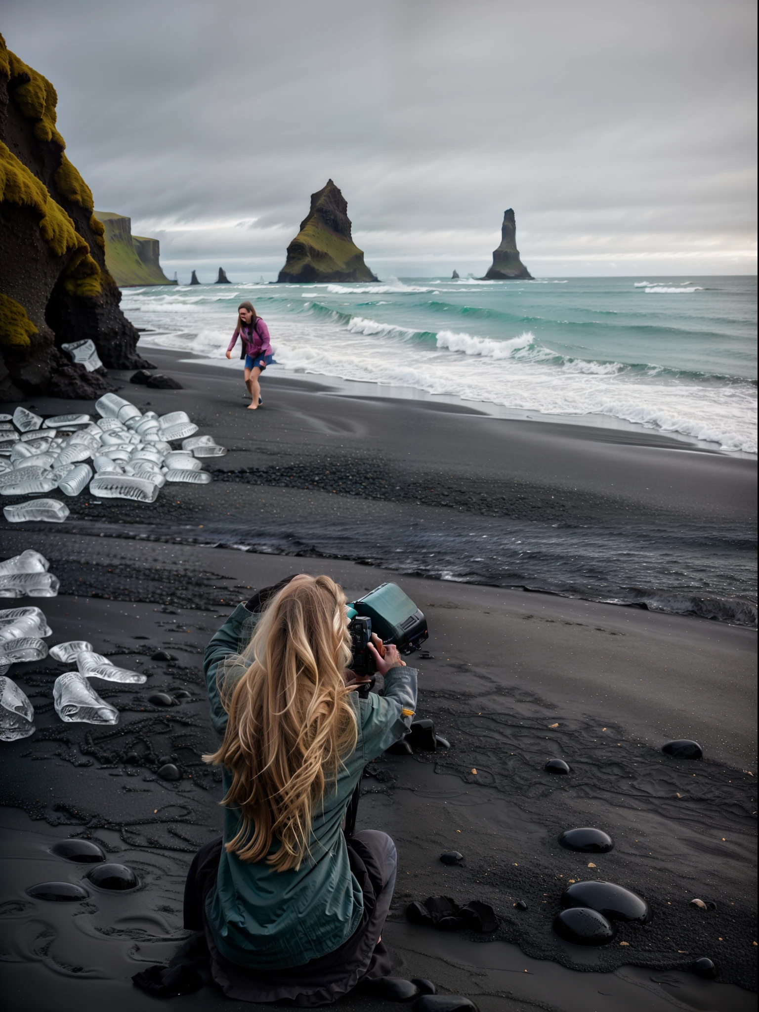 There is a woman sitting on the beach taking a picture of herself, iceland photography, Black sand, iceland, breathtaking shot, epic scenic shot, posing on a beach with the ocean, travel, posed for photo, photographed, national geographic photo shoot, There are a lot of dark gray rocks, Louisa Matthiasdotil,